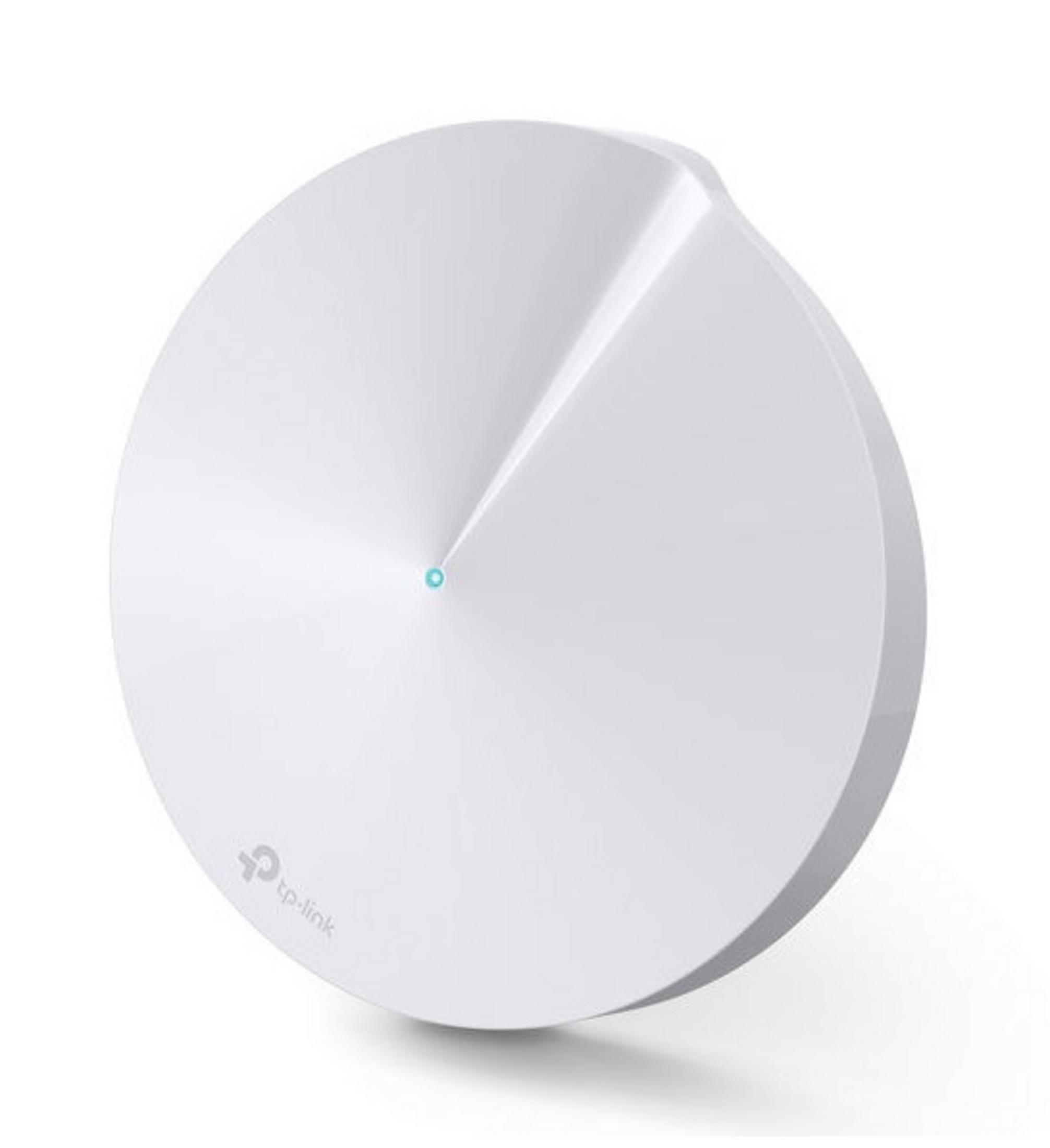 Ein weißer, runder TP-Link Mesh WLAN-Router mit einem kleinen blauen Licht.