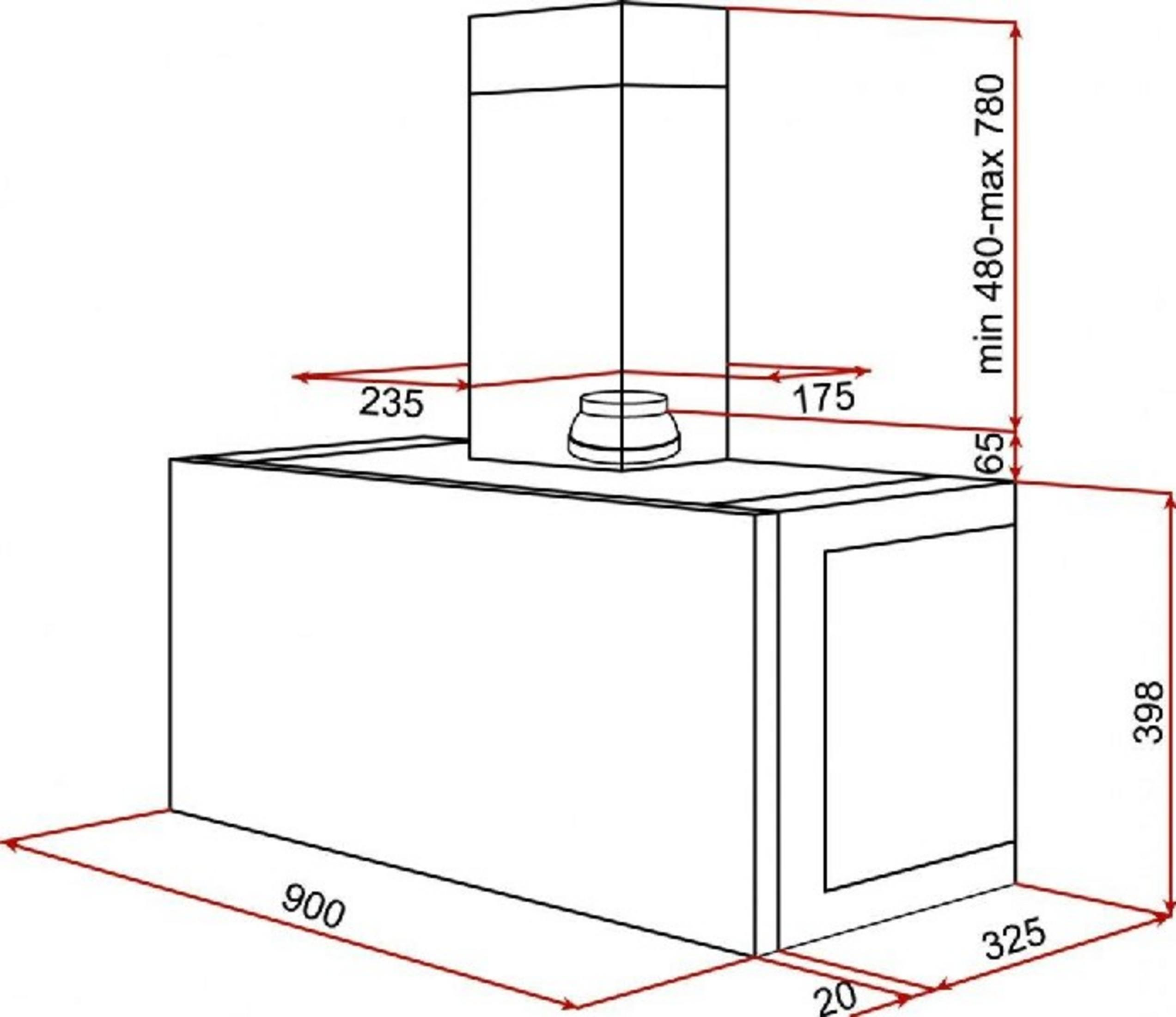 Dibujo técnico de una campana extractora con dimensiones: ancho 900, profundo 325, alto 398.