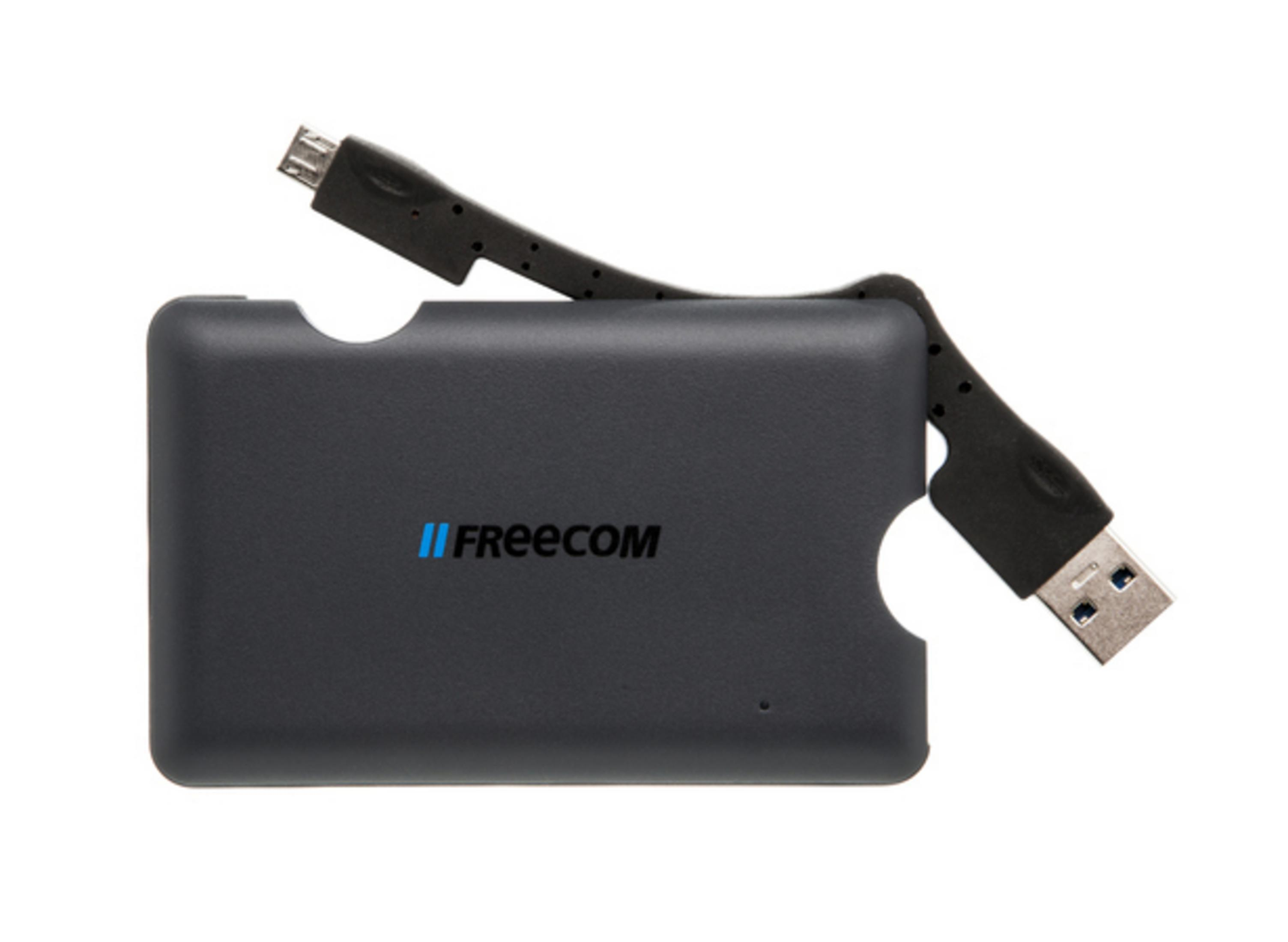 Un cavo dati Freecom nero con connettori USB-A e Micro-USB.