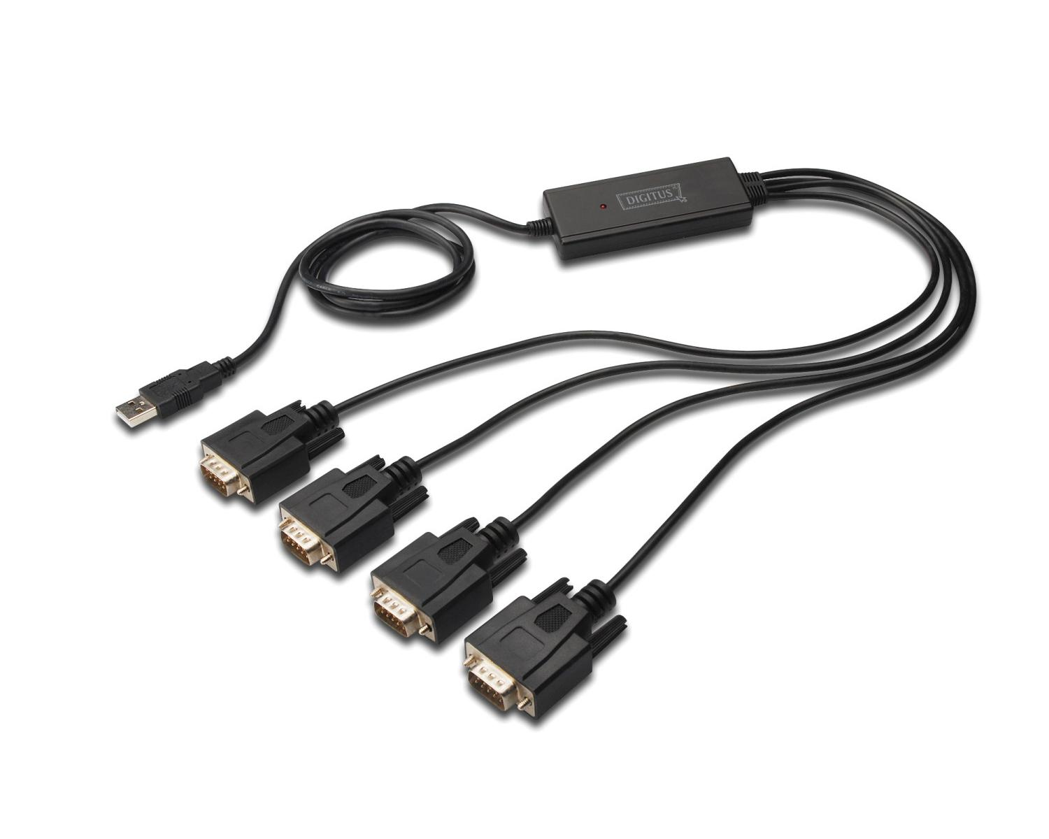 Cavo adattatore USB a 4x RS232 nero con quattro connettori DB9.