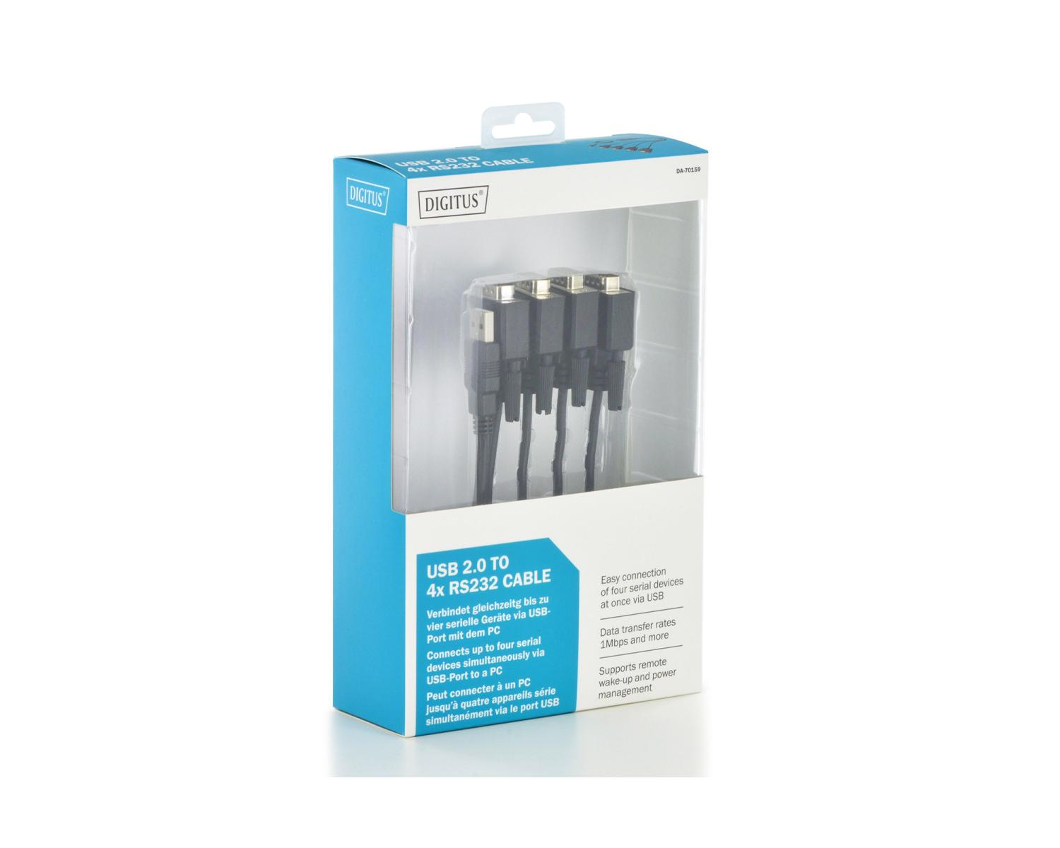 Cavo Digitus USB 2.0 a 4x RS232 in confezione, con quattro cavi neri e connettori.