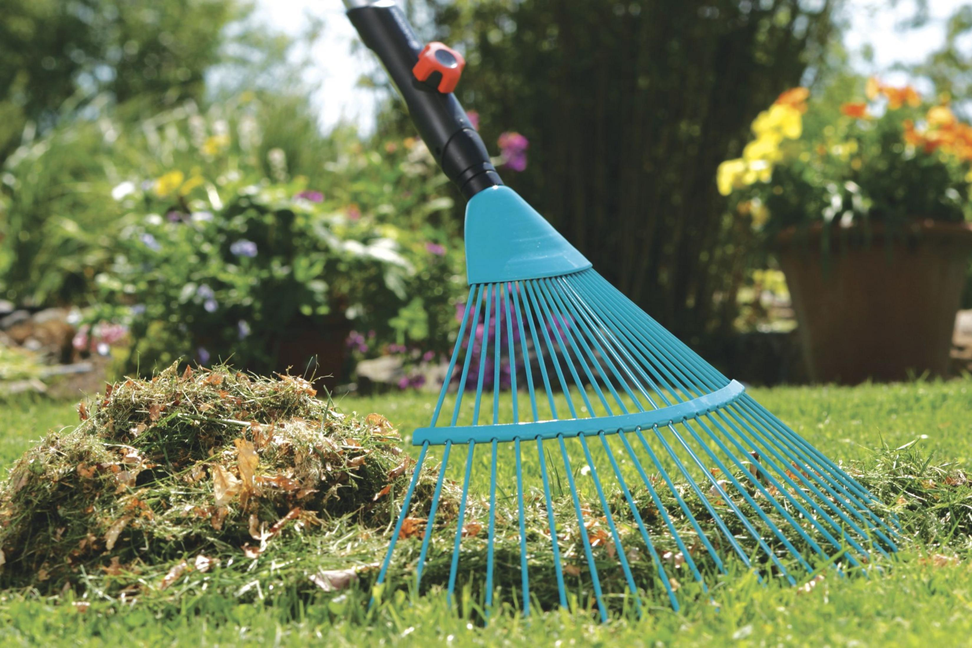 Un rastrello blu poggia accanto a una pila di erba tagliata in un giardino.