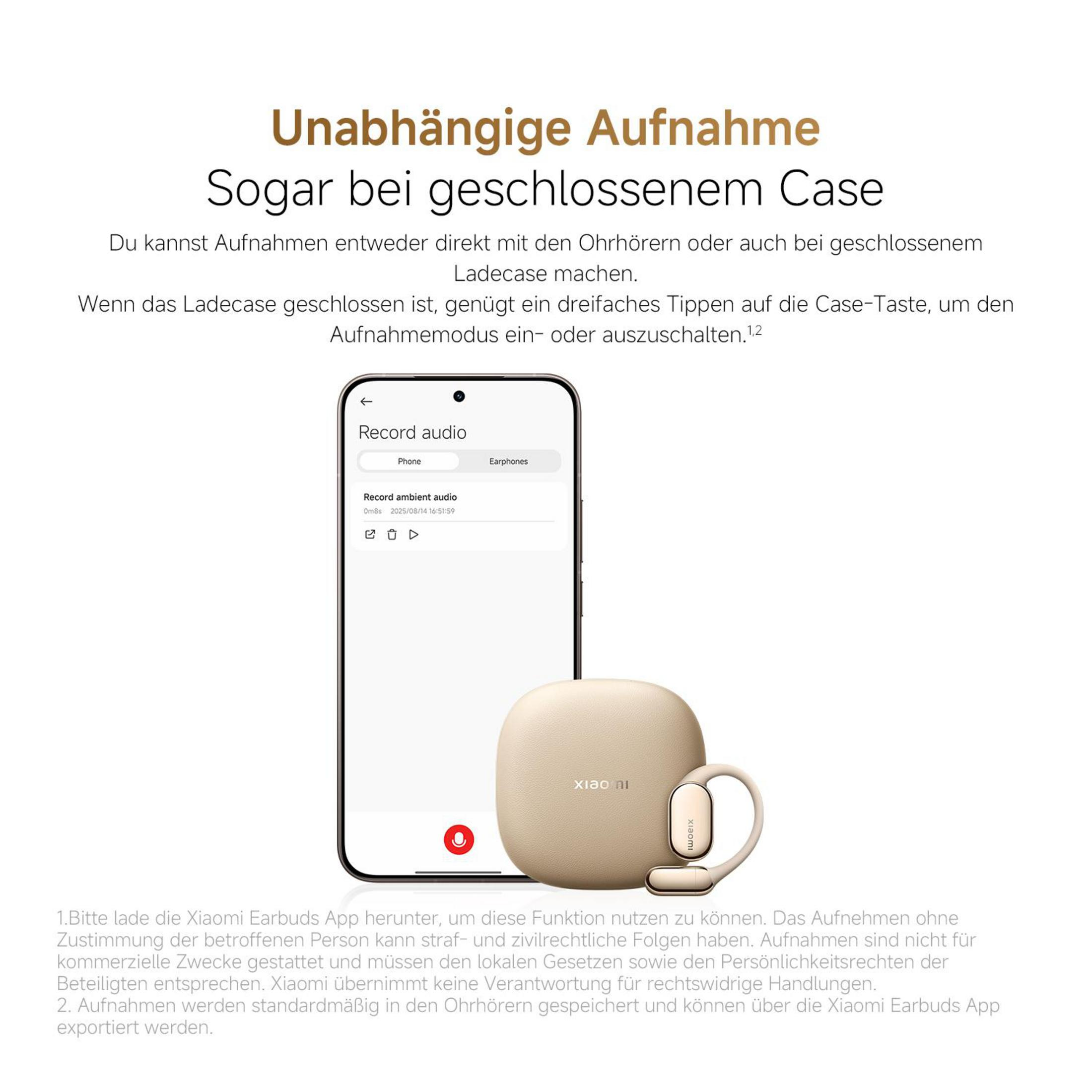 Smartfon wyświetla aplikację Xiaomi Earbuds z opcjami nagrywania i beżowe etui ładujące.