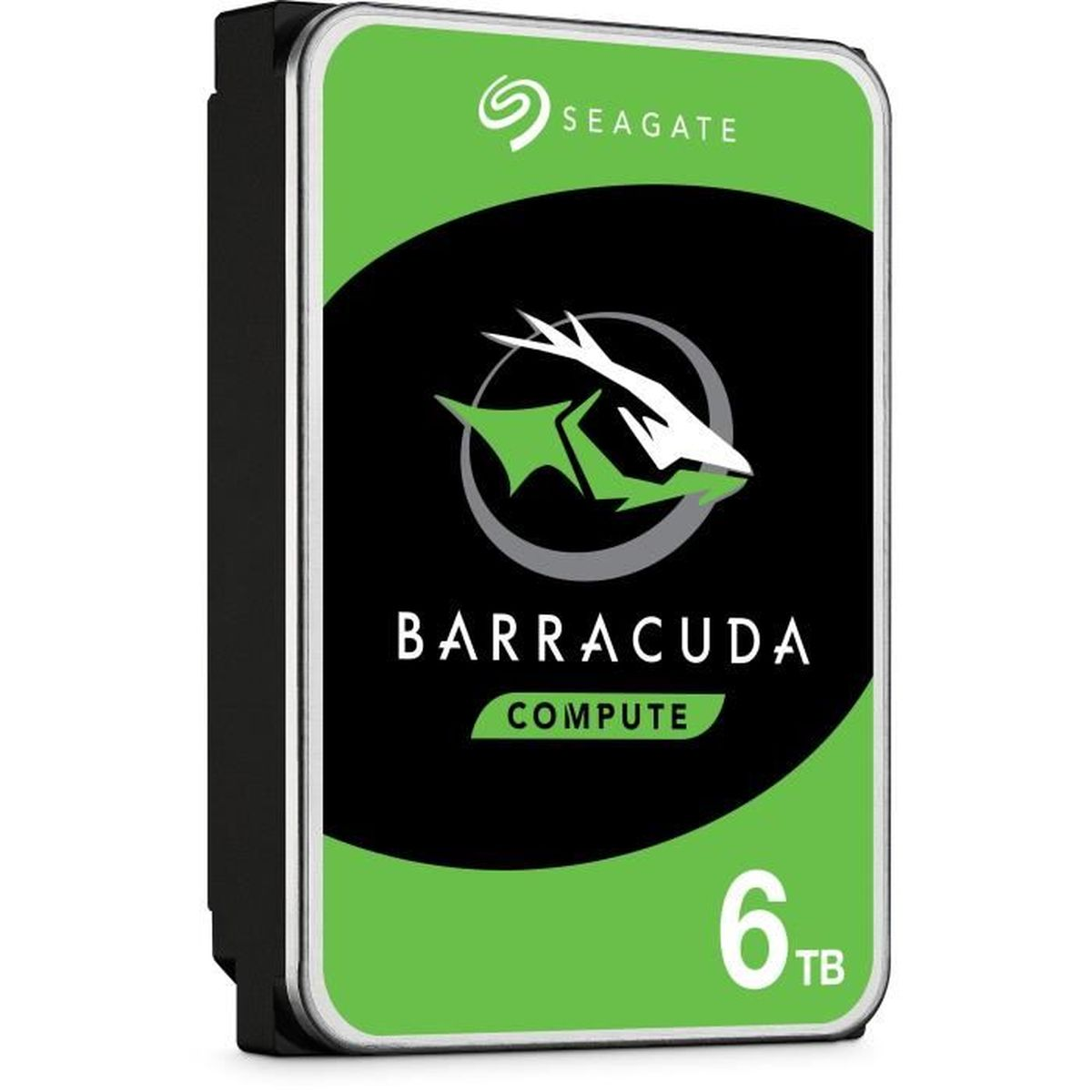 Seagate Barracuda 6TB HDD. Schwarzes und grünes Etikett mit Fischlogo.