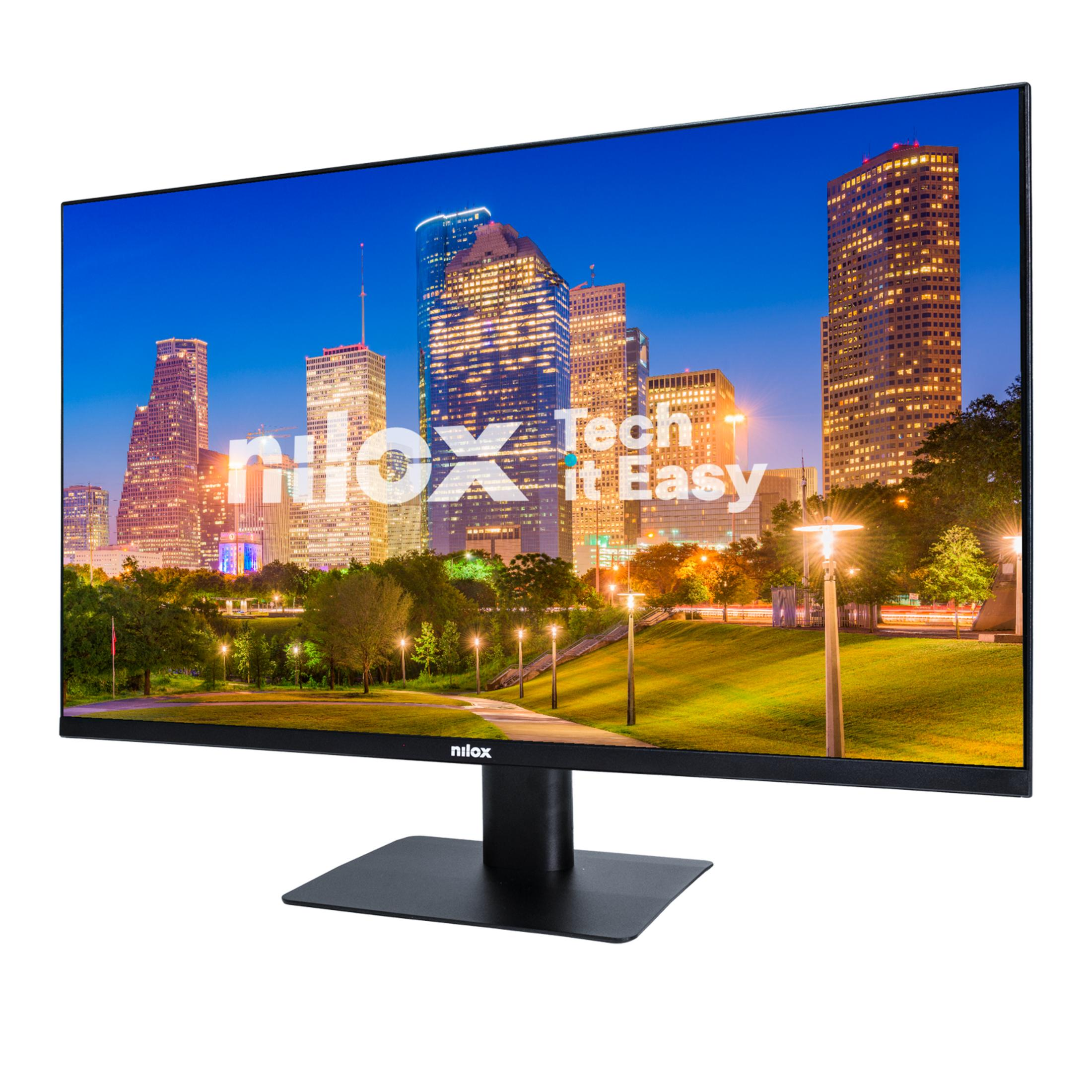Monitor mostrando un horizonte nocturno con logo.