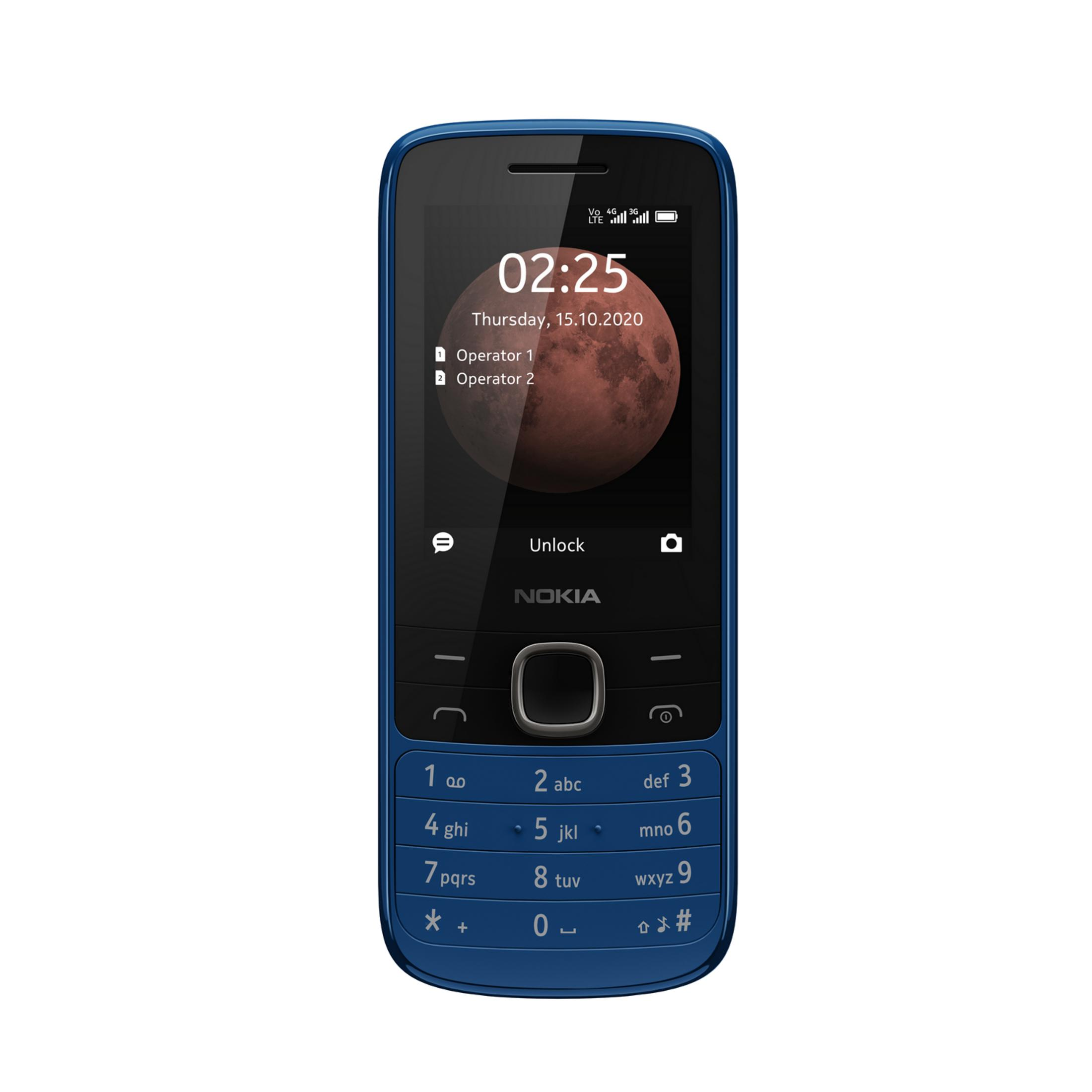 Un telefono cellulare Nokia blu con tastierino numerico e sfondo luna piena.