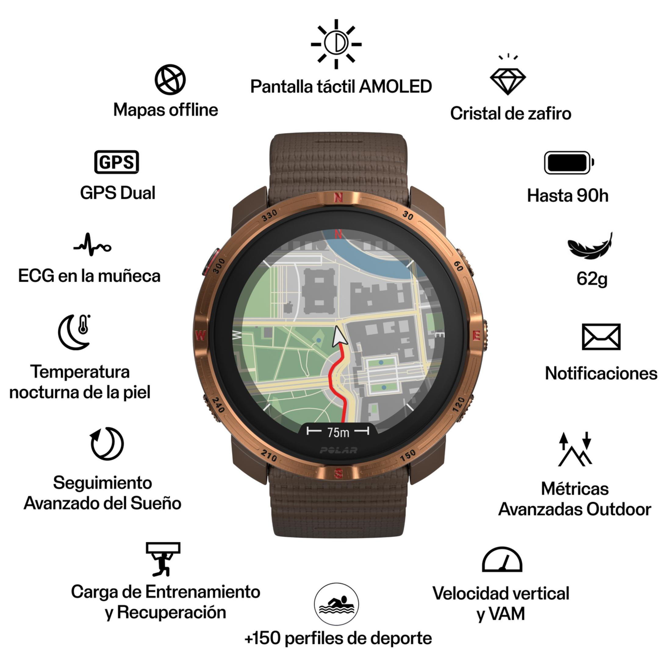 Uno smartwatch con touchscreen AMOLED mostra una mappa con percorso. Funzioni: GPS, ECG, temperatura, sonno, allenamento.