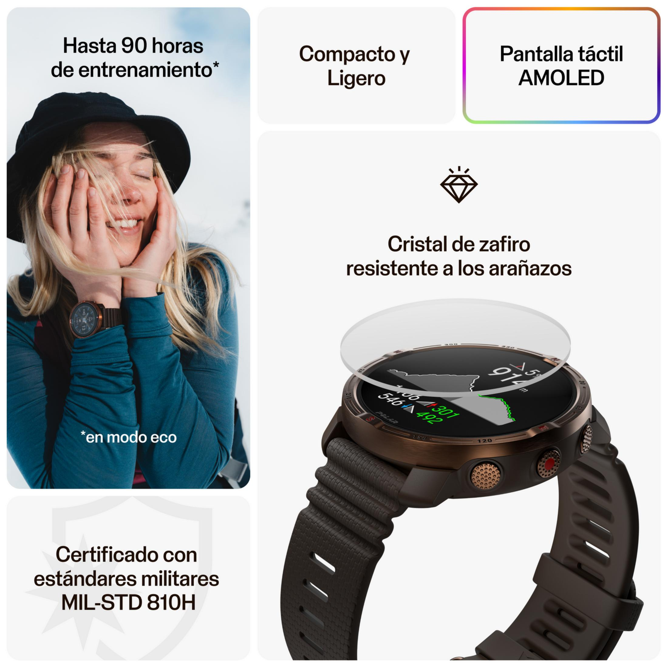 Orologio smart con display AMOLED, fino a 90h batteria, vetro zaffiro.