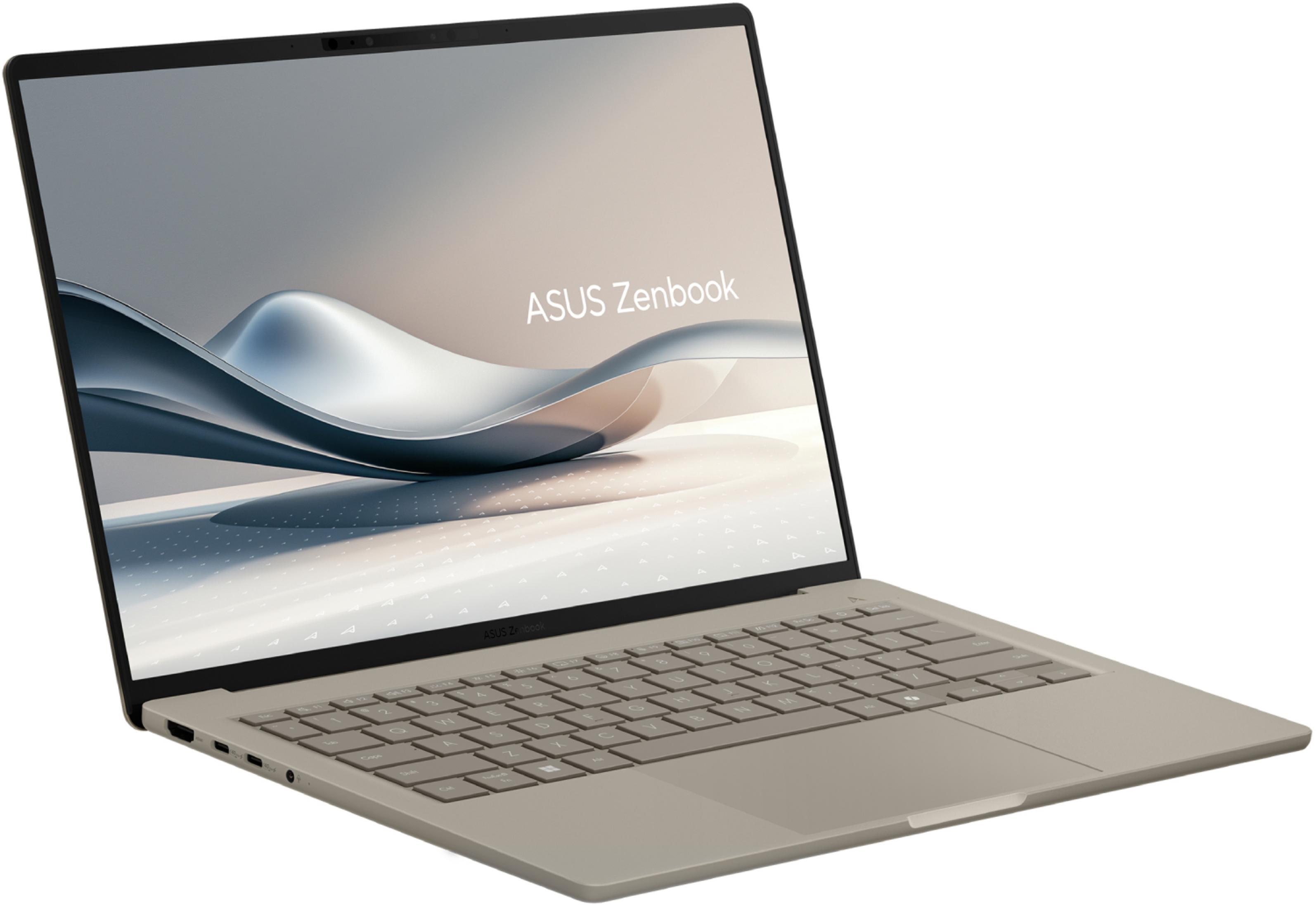 Un portátil ASUS Zenbook delgado y marrón claro con teclado retroiluminado y fondo abstracto.