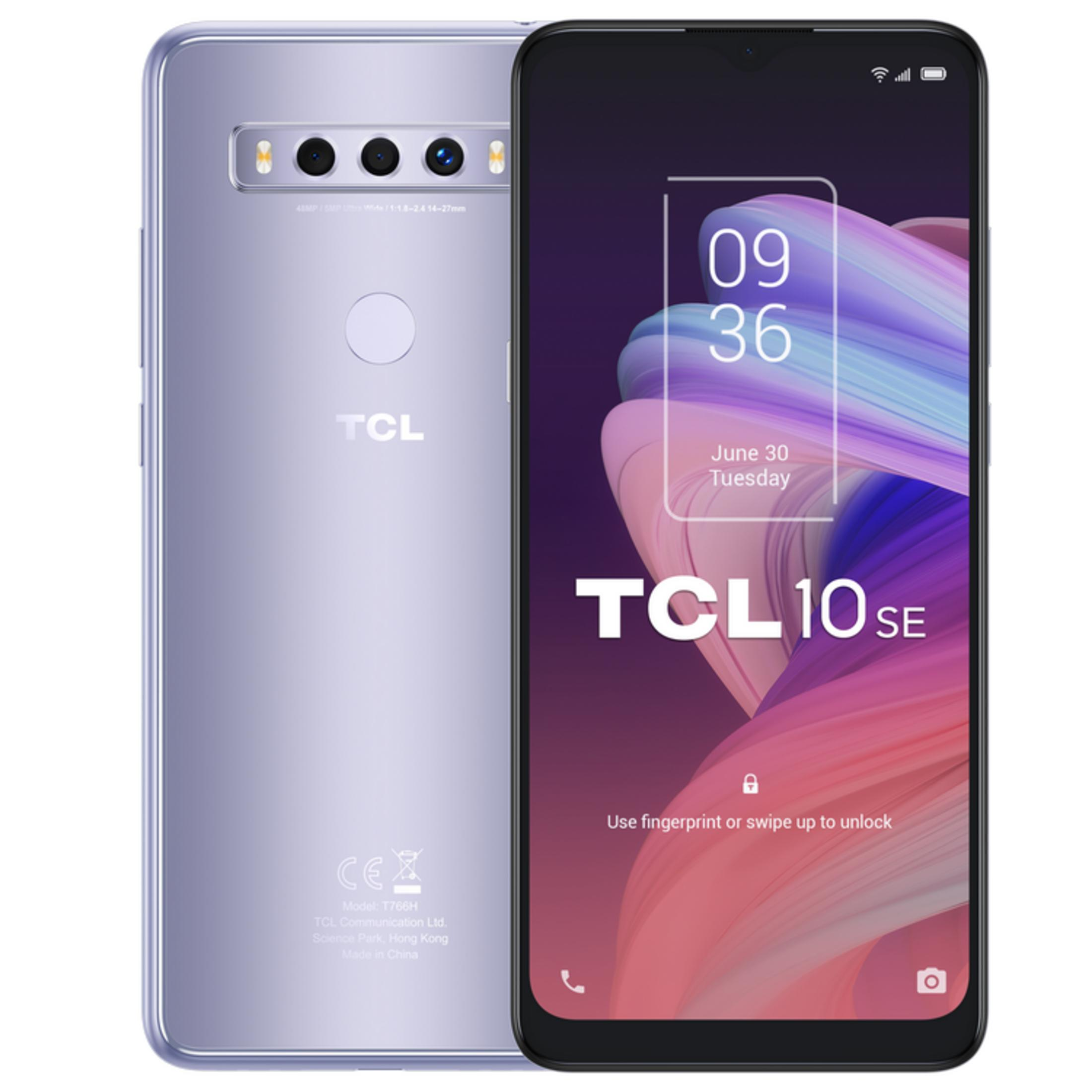 Uno smartphone TCL 10 SE viola che mostra le fotocamere posteriori e la schermata di blocco.