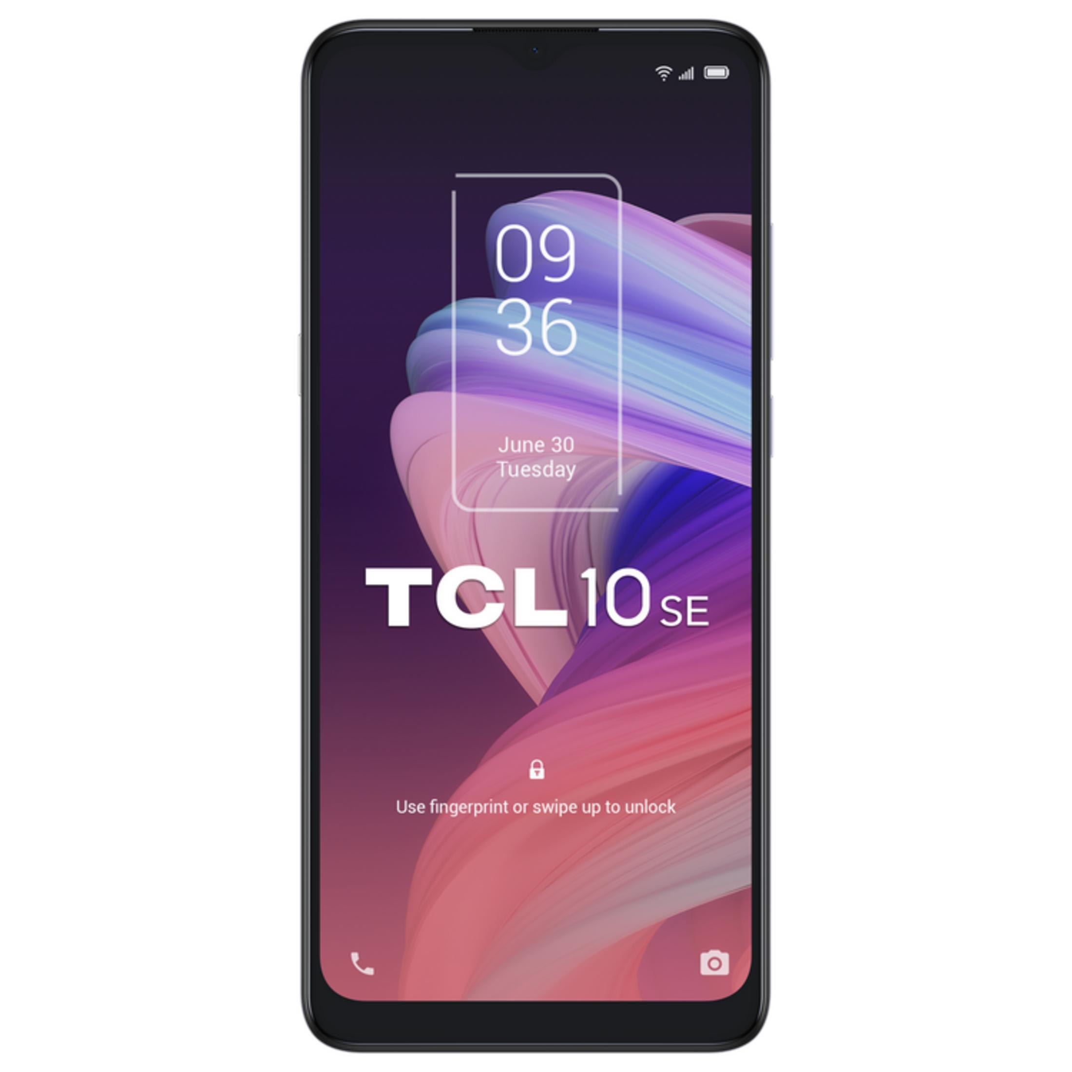 Uno smartphone TCL 10 SE nero con schermo bloccato e sfondo colorato.