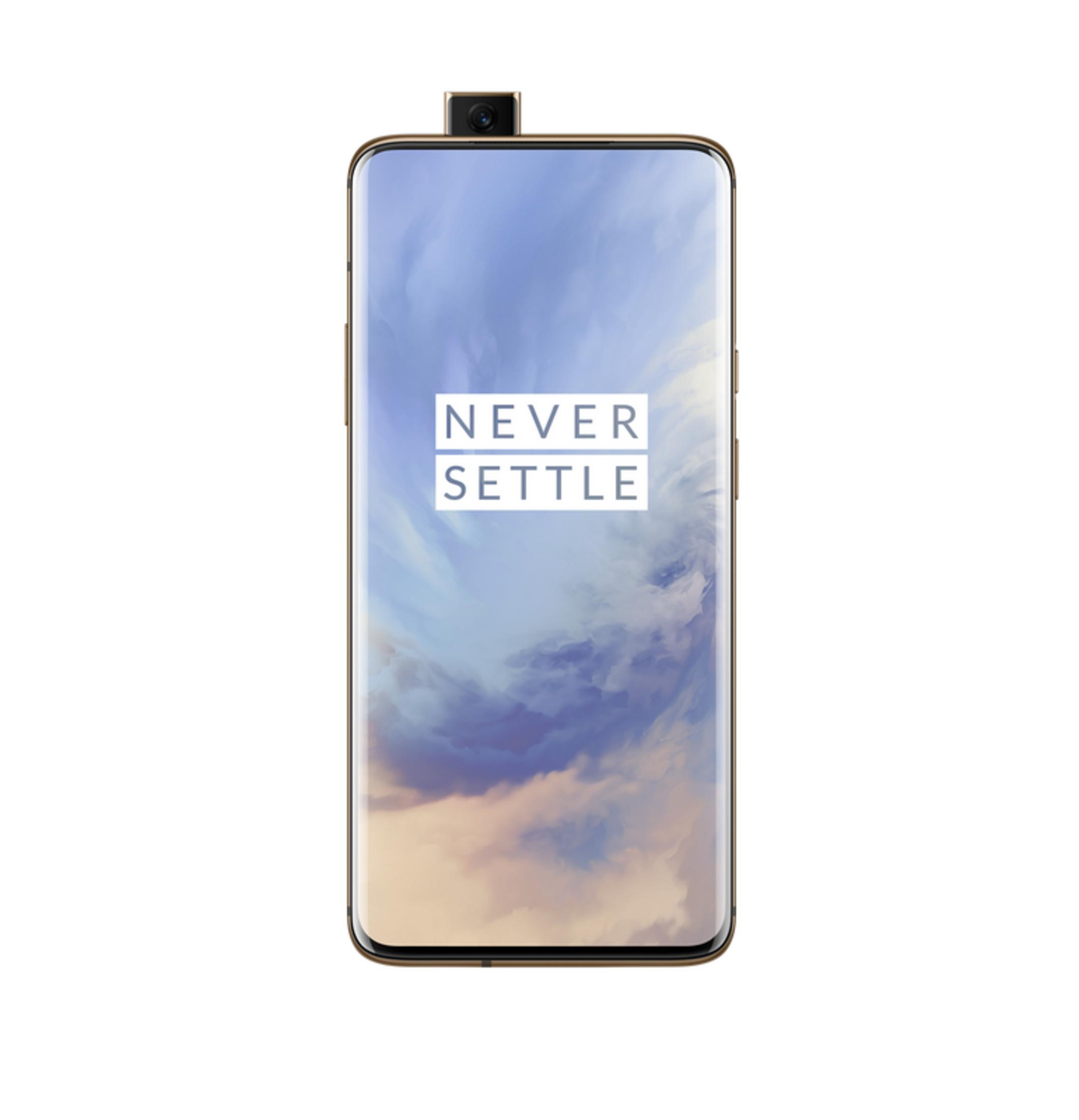 Ein goldener Smartphone-Rahmen mit ausfahrbarer Kamera und einem "Never Settle"-Logo.