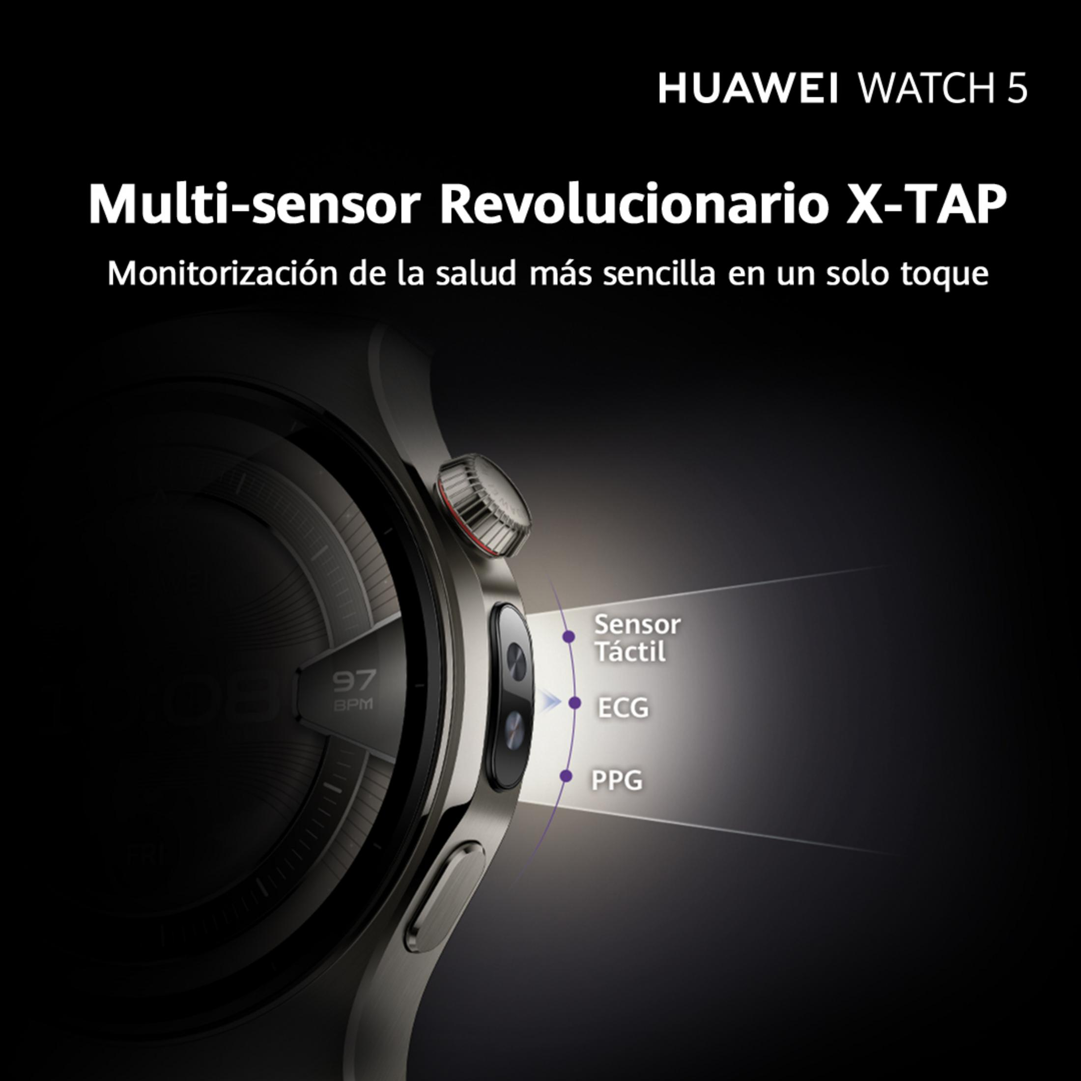Huawei Watch 5 con sensores: Táctil, ECG, PPG. Muestra 97 BPM.