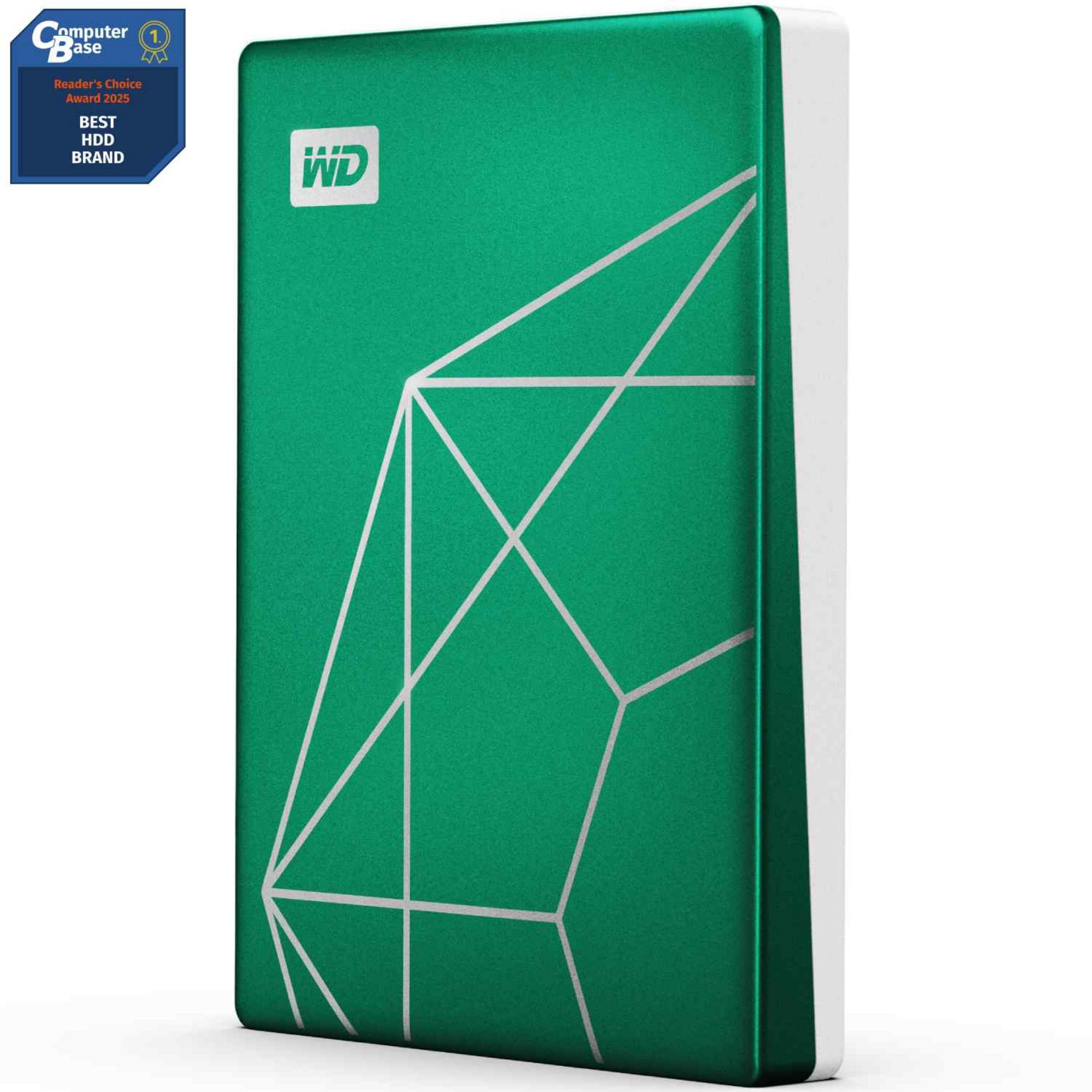 Hard disk esterno verde con motivo geometrico argentato e logo WD.