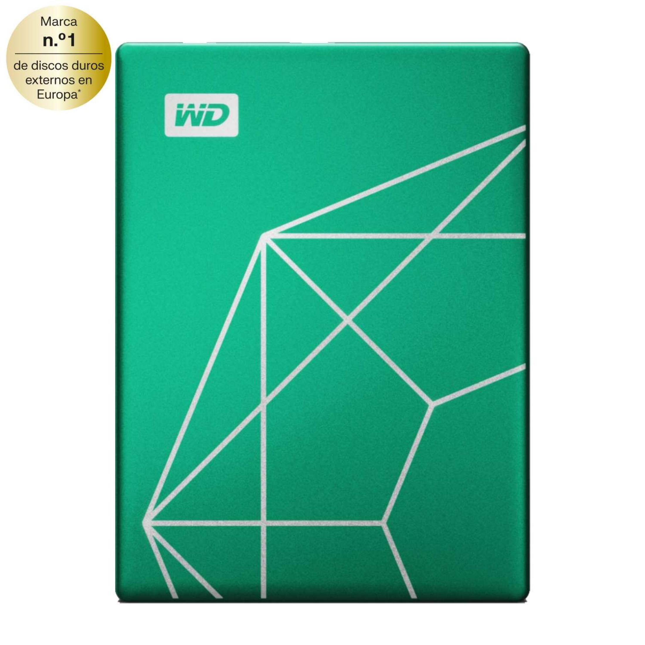 Hard disk WD verde con motivo geometrico bianco e logo.