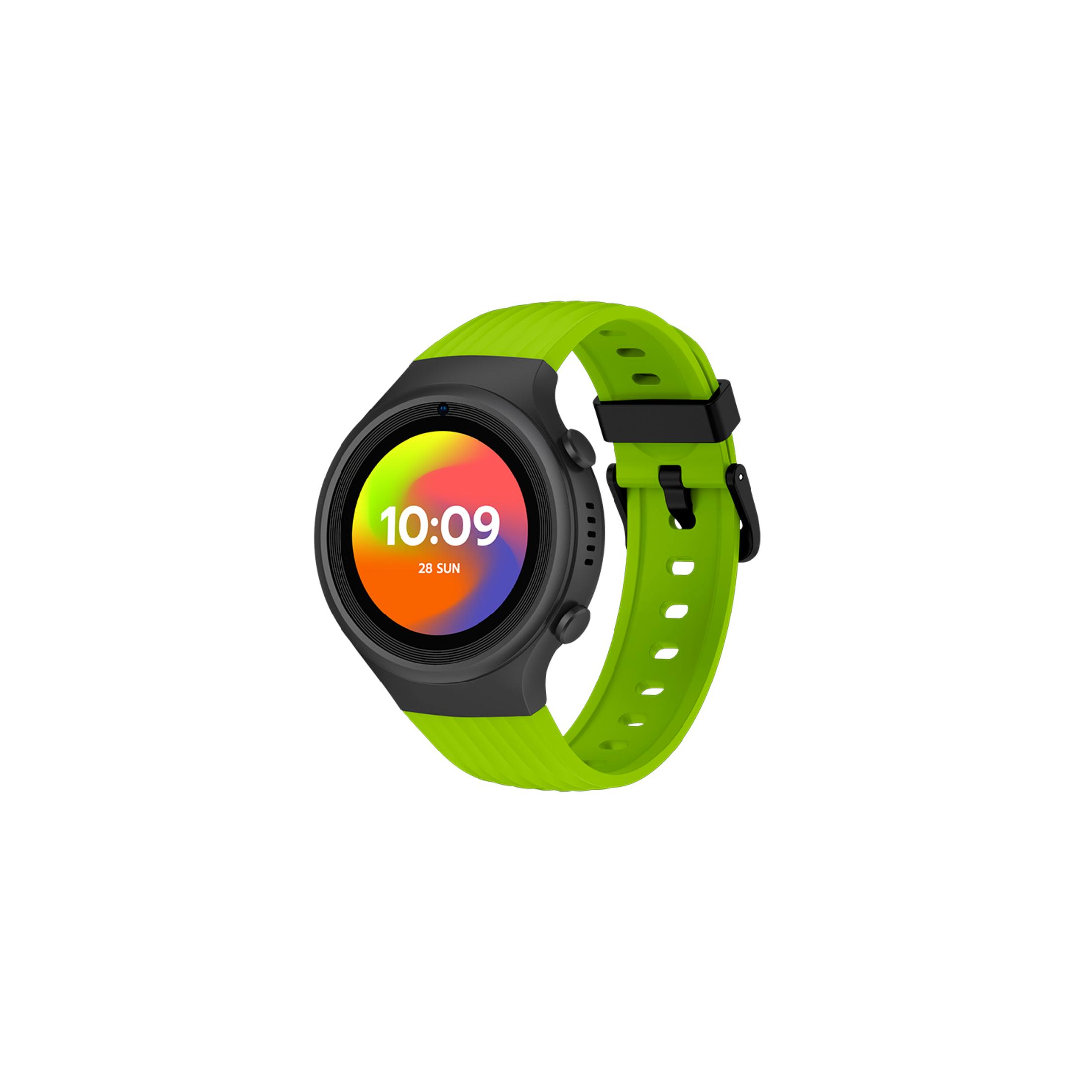 Uno smartwatch nero con cinturino verde brillante mostra le 10:09.