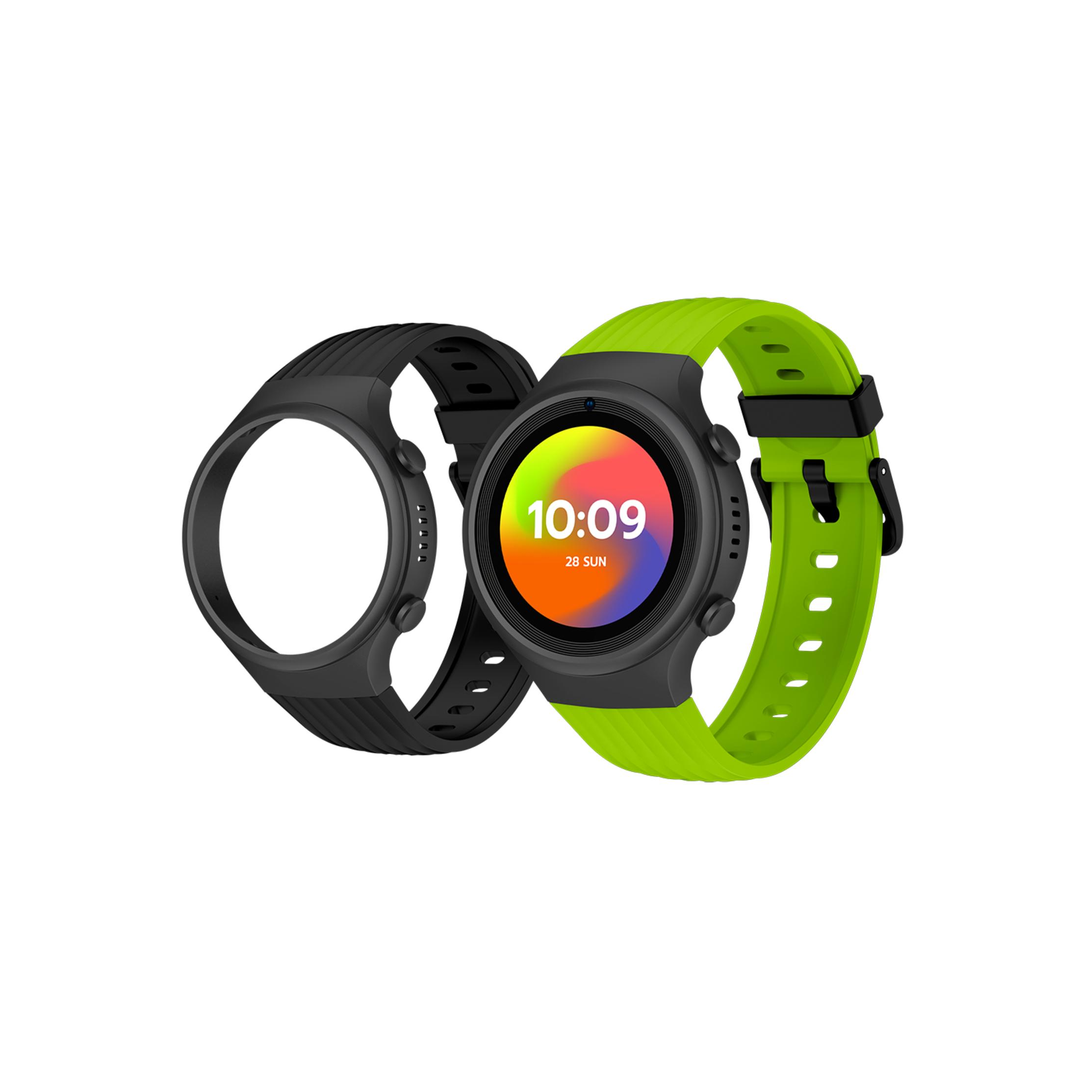 Due smartwatch, una nera, una verde neon, su sfondo bianco.