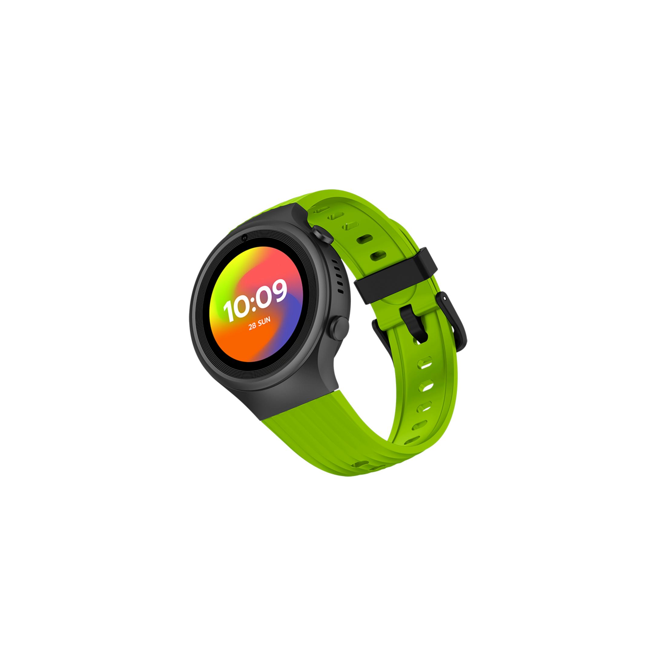 Uno smartwatch verde con cassa nera e quadrante colorato.