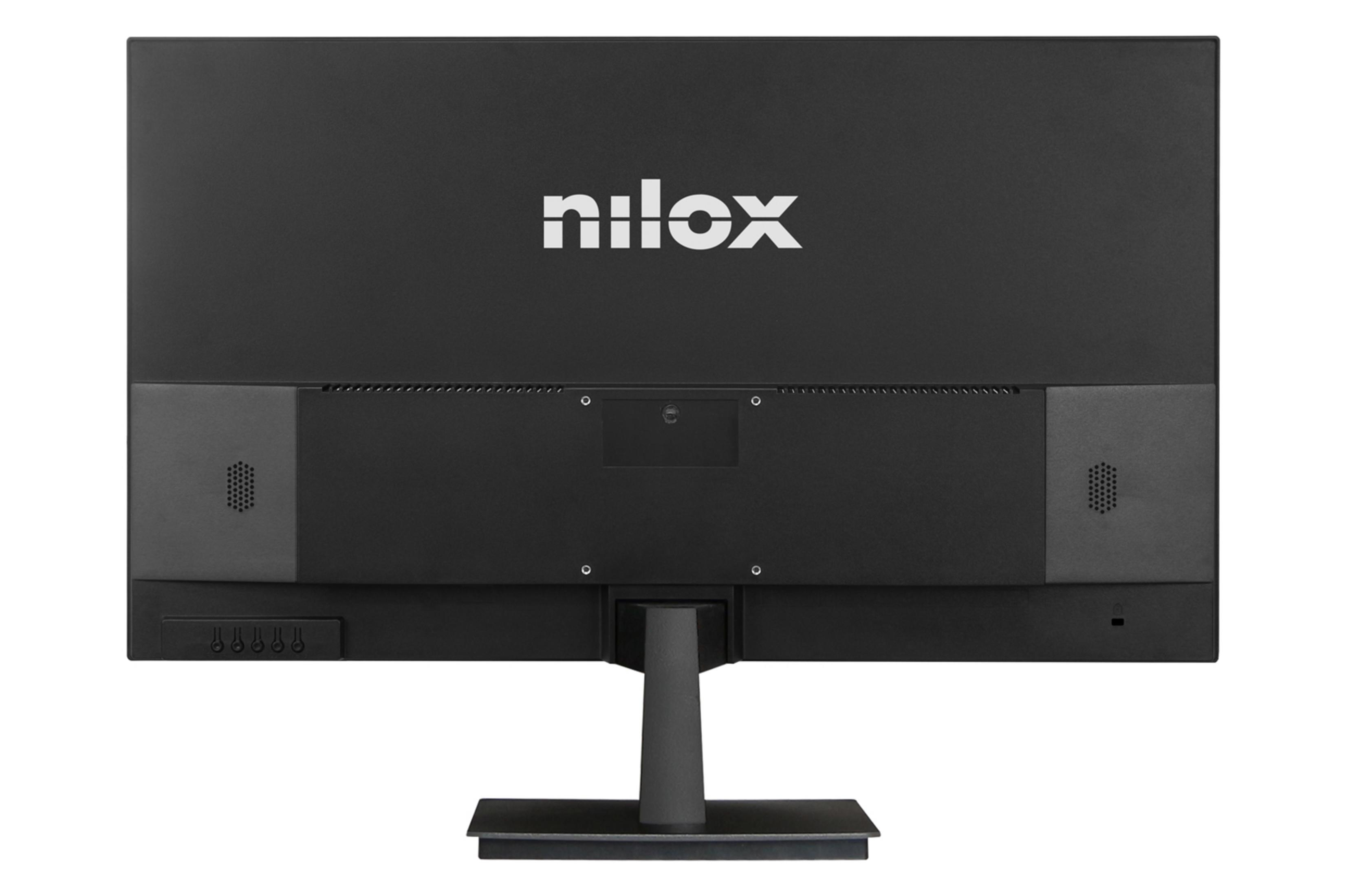 Rückseite eines schwarzen Monitors mit weißem Nilox-Logo und Anschlüssen.