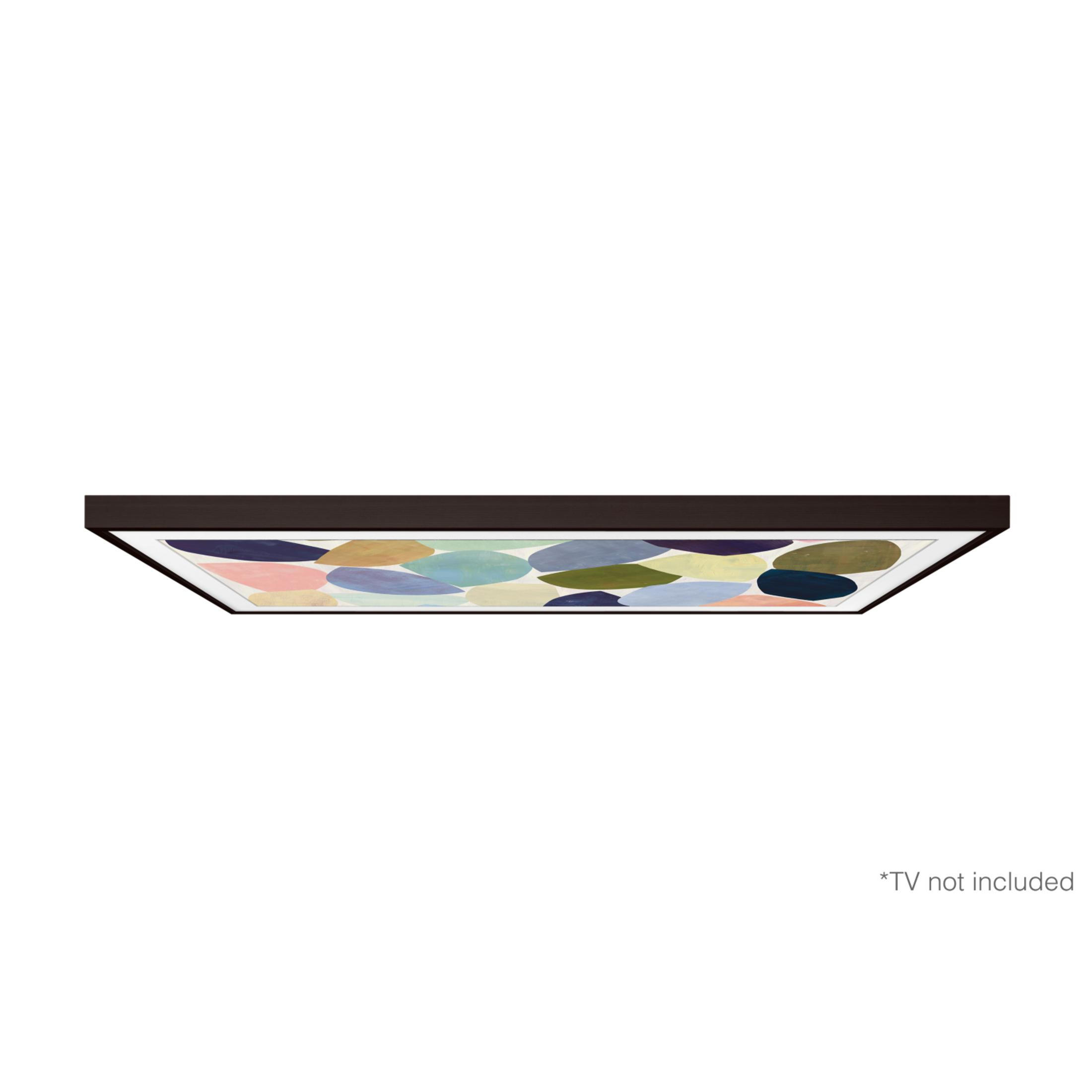 Una cornice scura circonda un quadro di forme ovali colorate su sfondo bianco.
