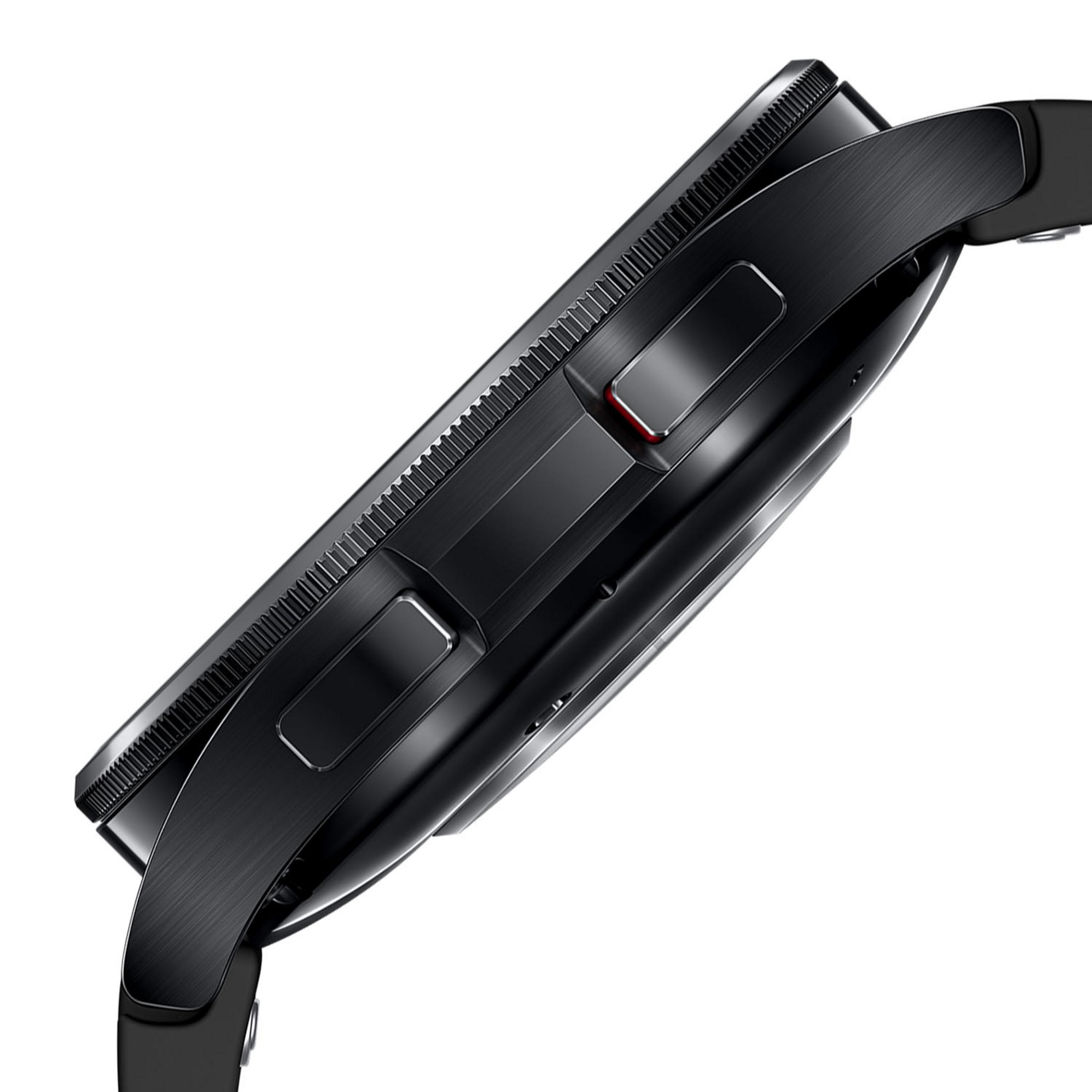 Reloj inteligente negro con bisel texturizado y botones laterales.