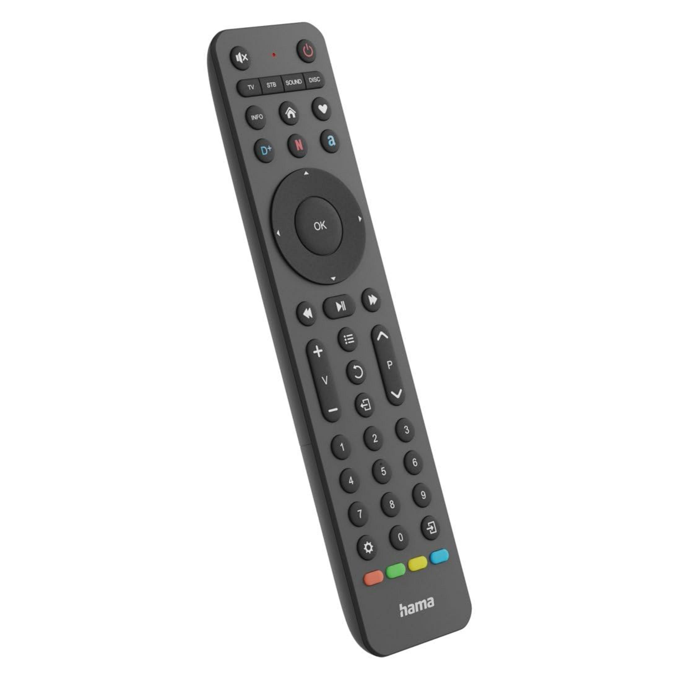 Un telecomando grigio con molti pulsanti, incluso un pulsante OK e numeri.
