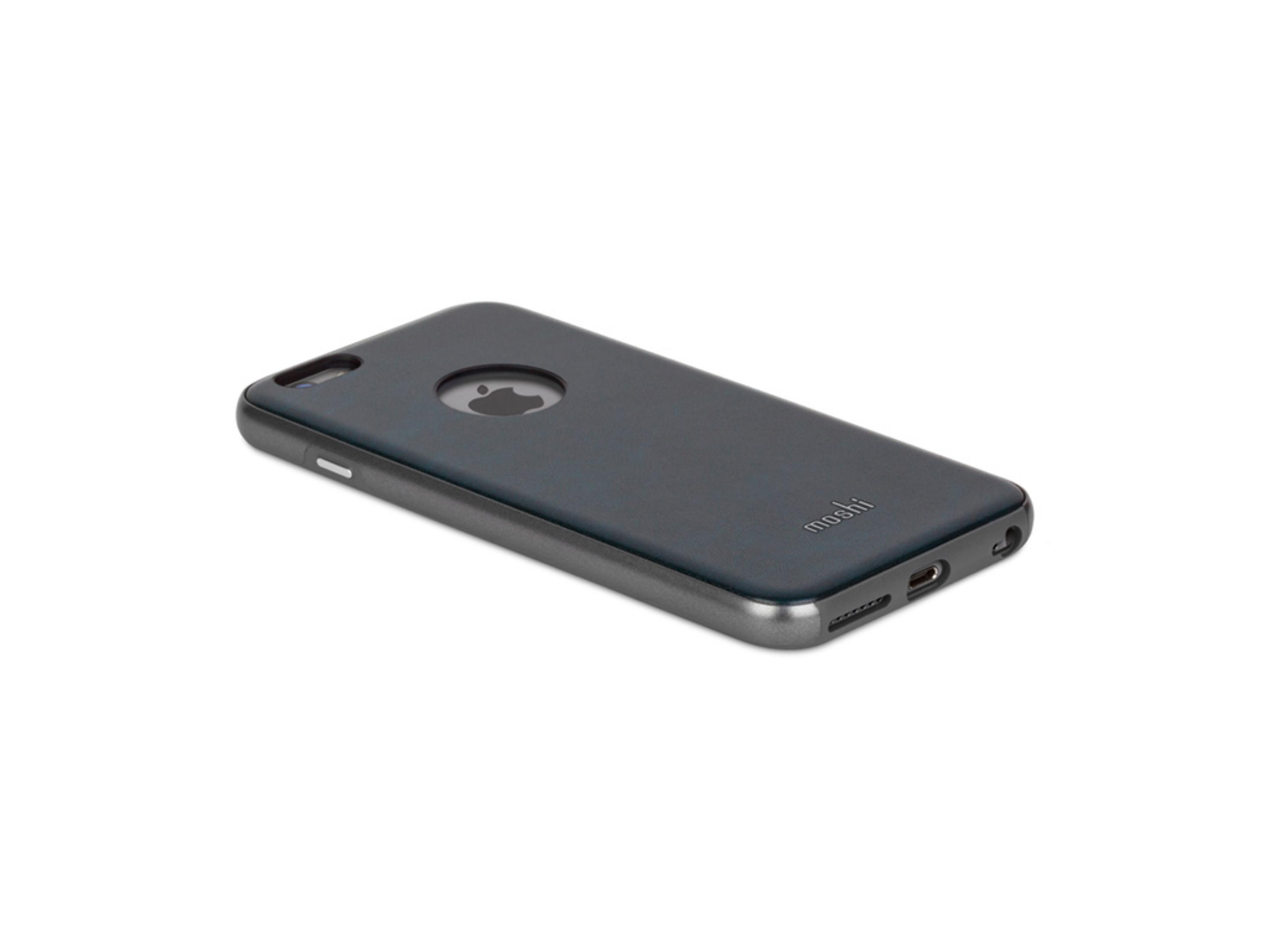 Custodia per telefono grigio scuro con logo Apple e testo Moshi su sfondo bianco.