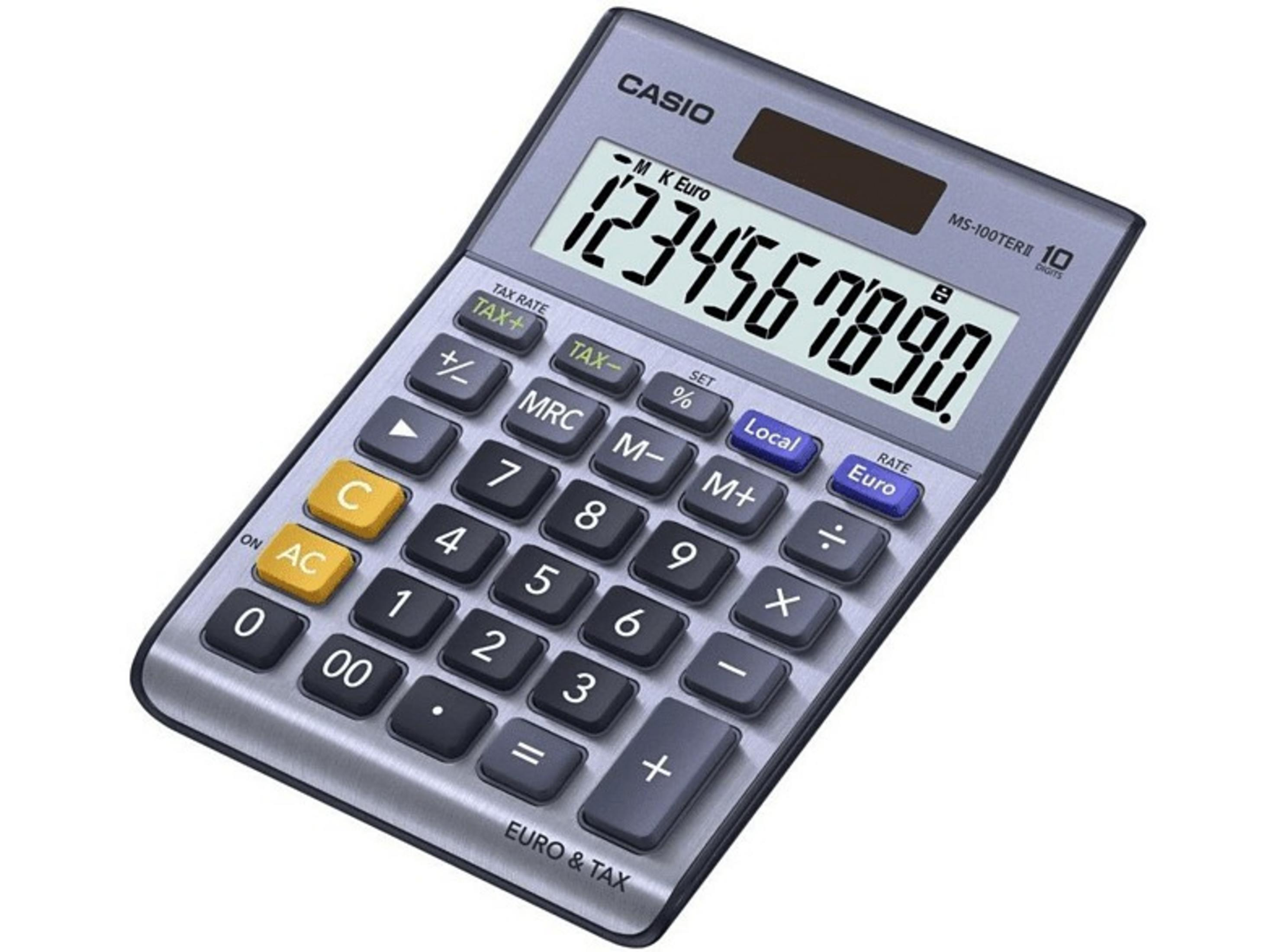 Una calcolatrice Casio argentata con display digitale e pulsanti.