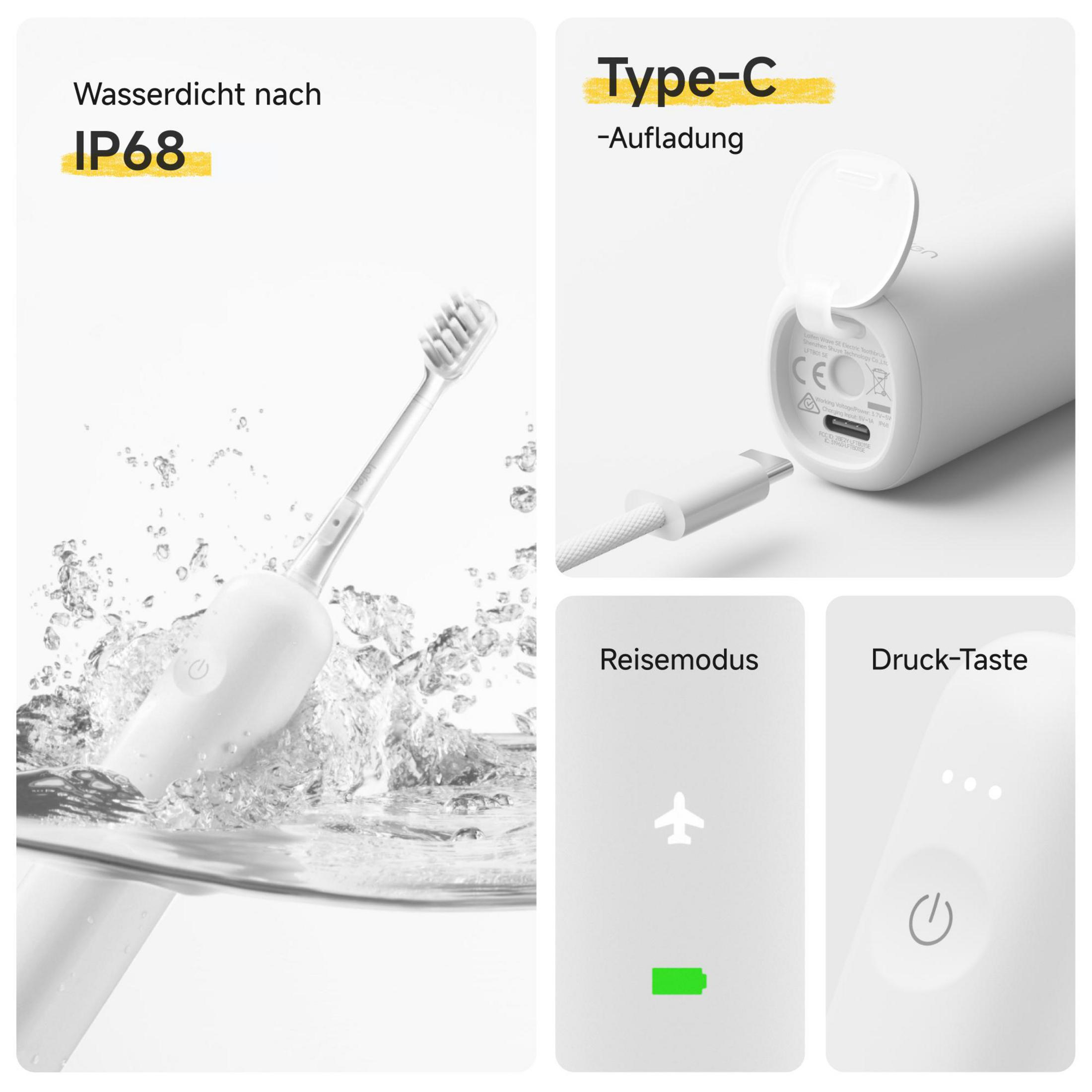Weiße Zahnbürste mit IP68 Wasserdichtigkeit, Typ-C-Aufladung und Reise-/Druckmodus.