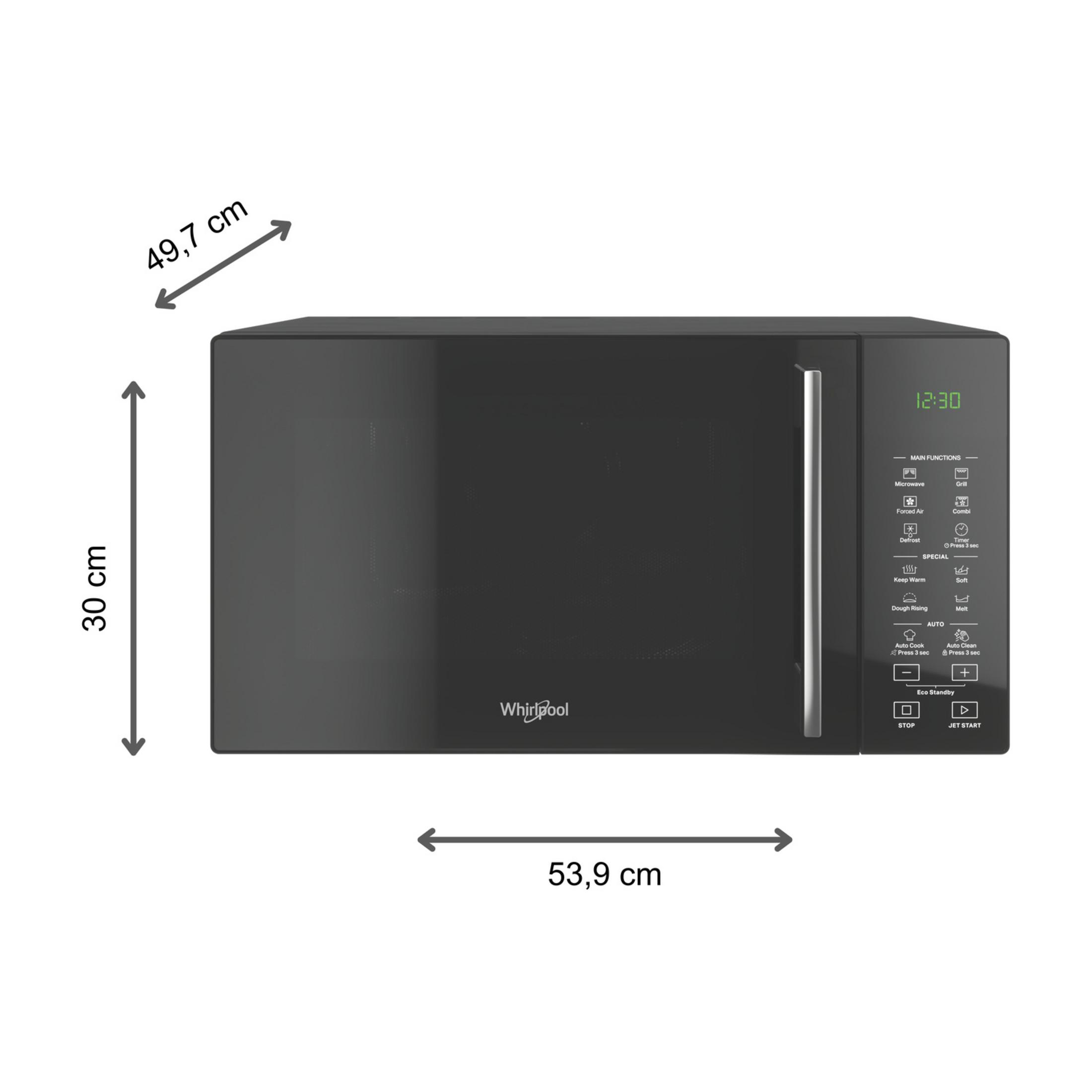 Microondas Whirlpool negro con panel de control y dimensiones.