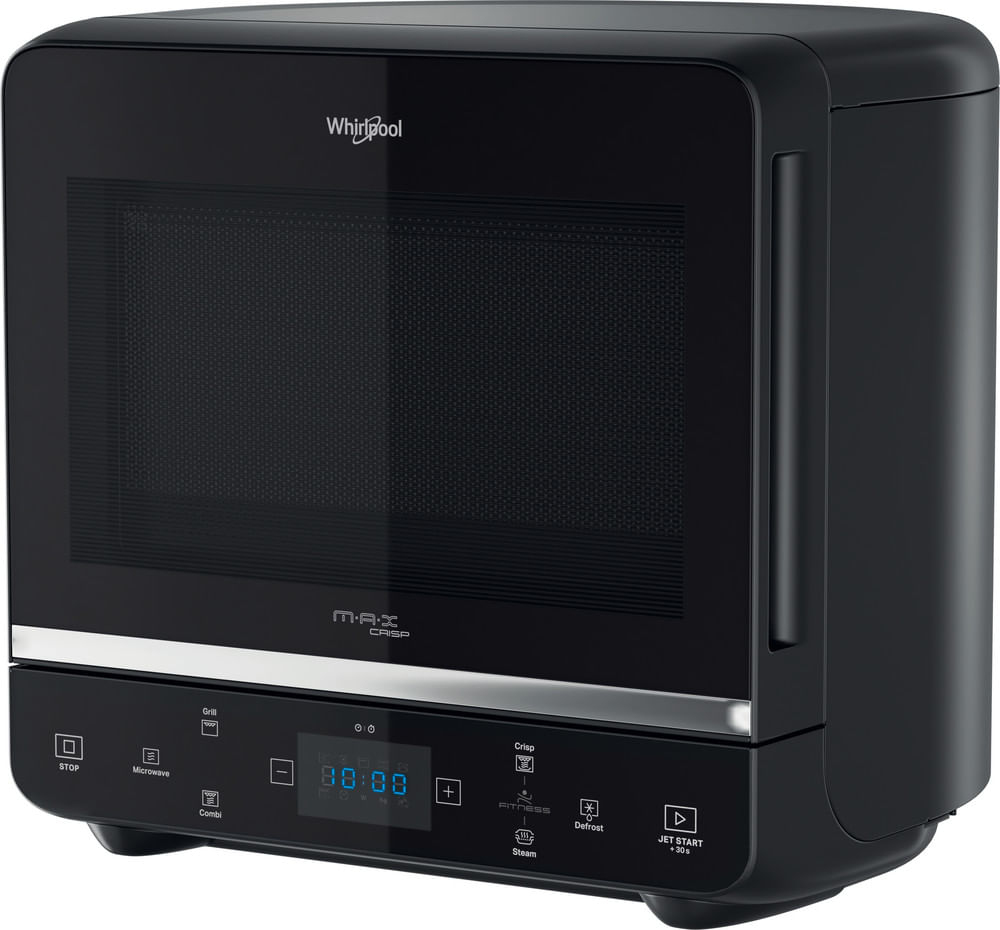 Forno a microonde Whirlpool nero con display digitale e pannello di controllo.