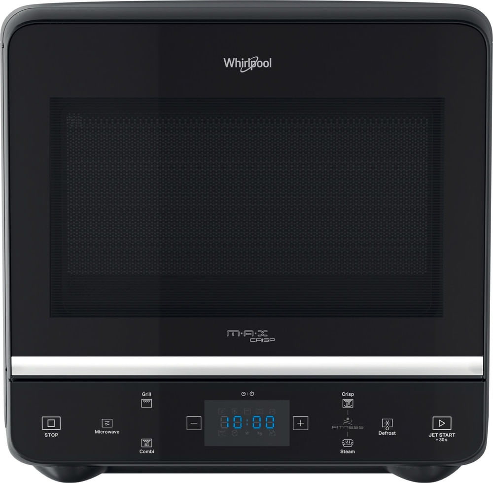 Un microonde nero Whirlpool con display digitale e vari pulsanti funzione.