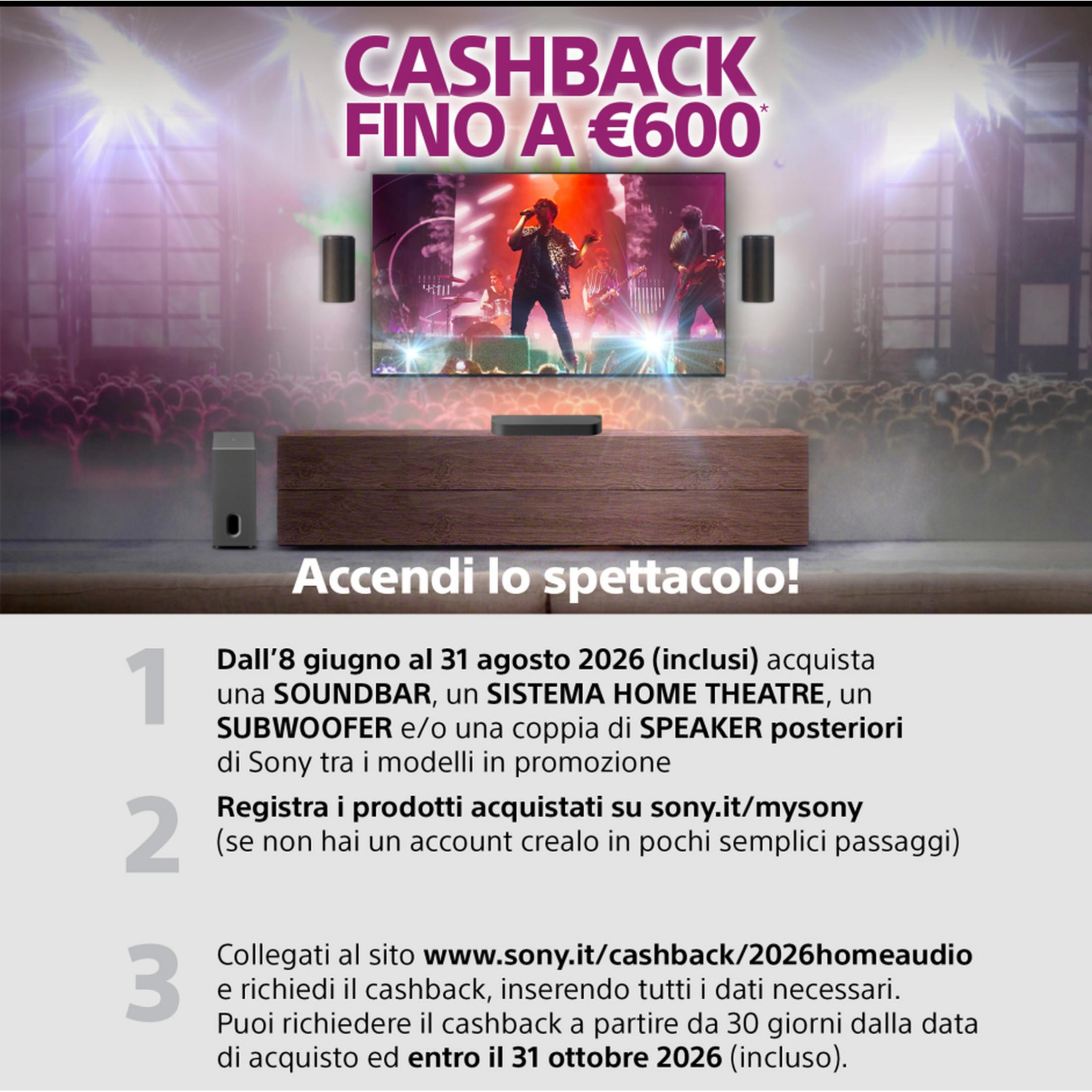 Werbung für Sony Cashback bis zu 600€ mit Konzertbild und Audiogeräten.