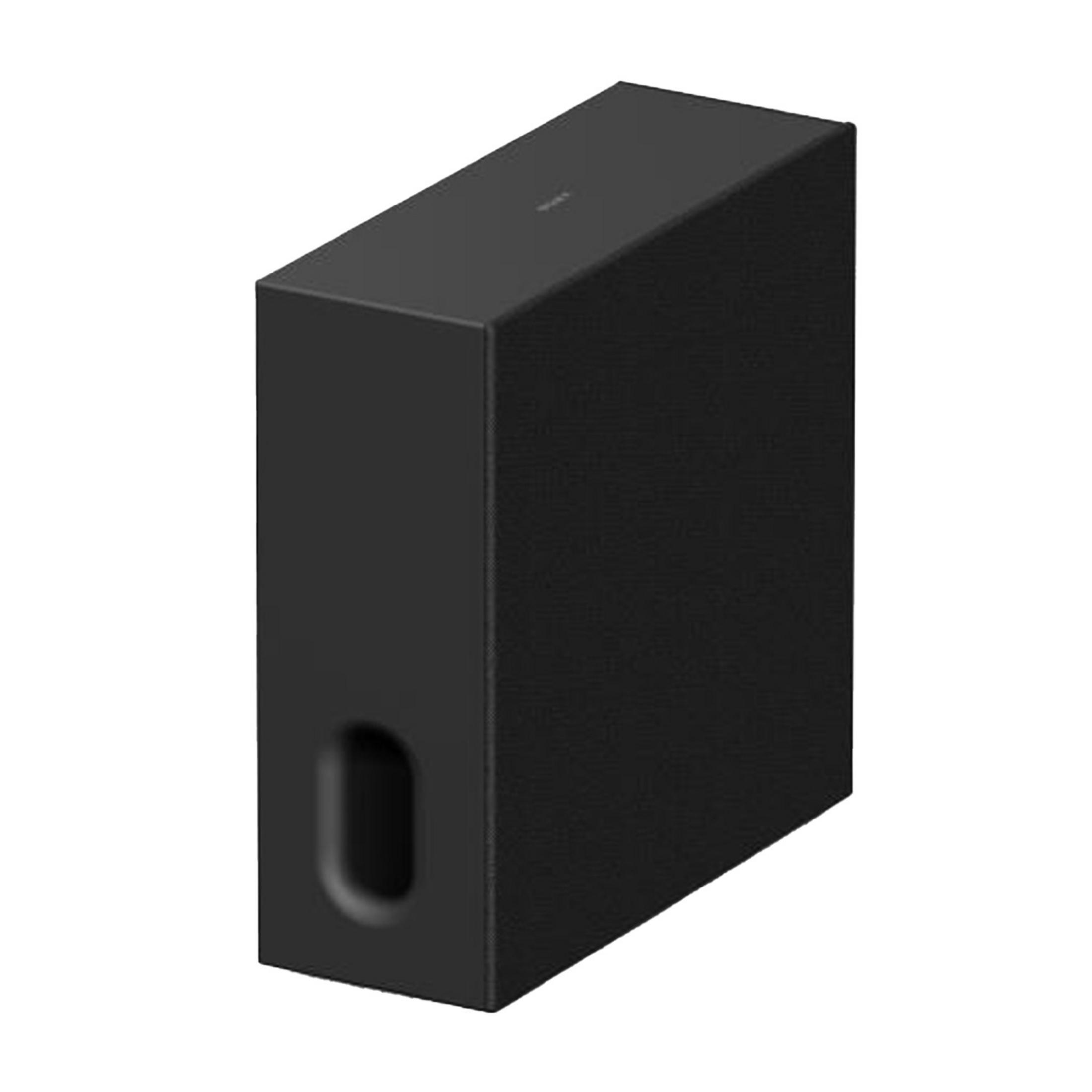 Ein schwarzer Subwoofer mit einem runden Anschluss an der Vorderseite.