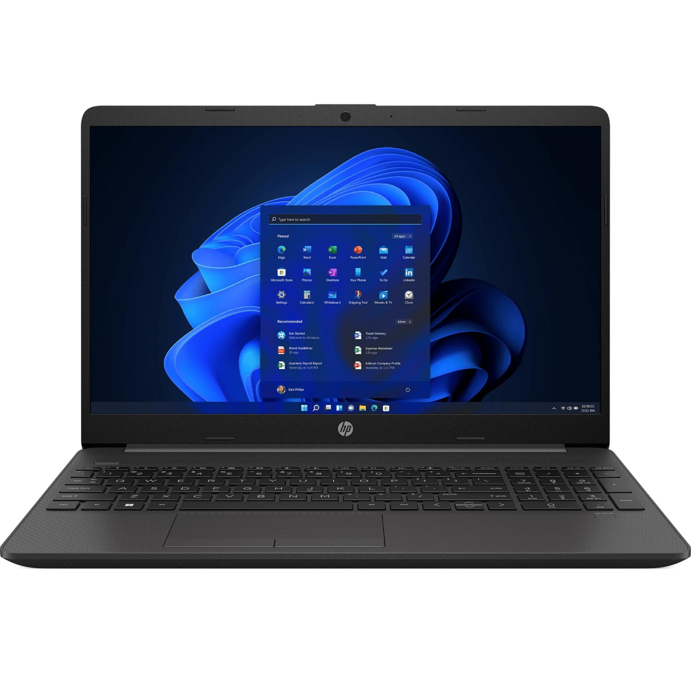 Portátil HP negro con menú de inicio de Windows 11 abierto y gráfico de fondo azul.