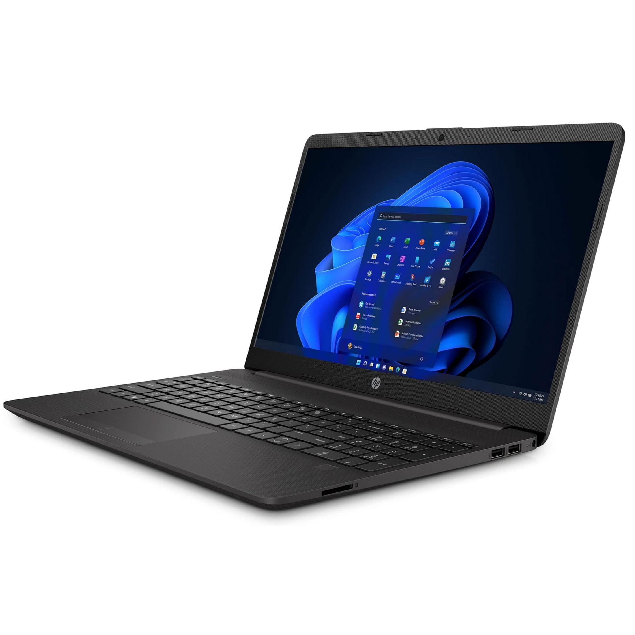 Un portátil HP negro con la pantalla encendida, mostrando el menú de inicio de Windows 11.