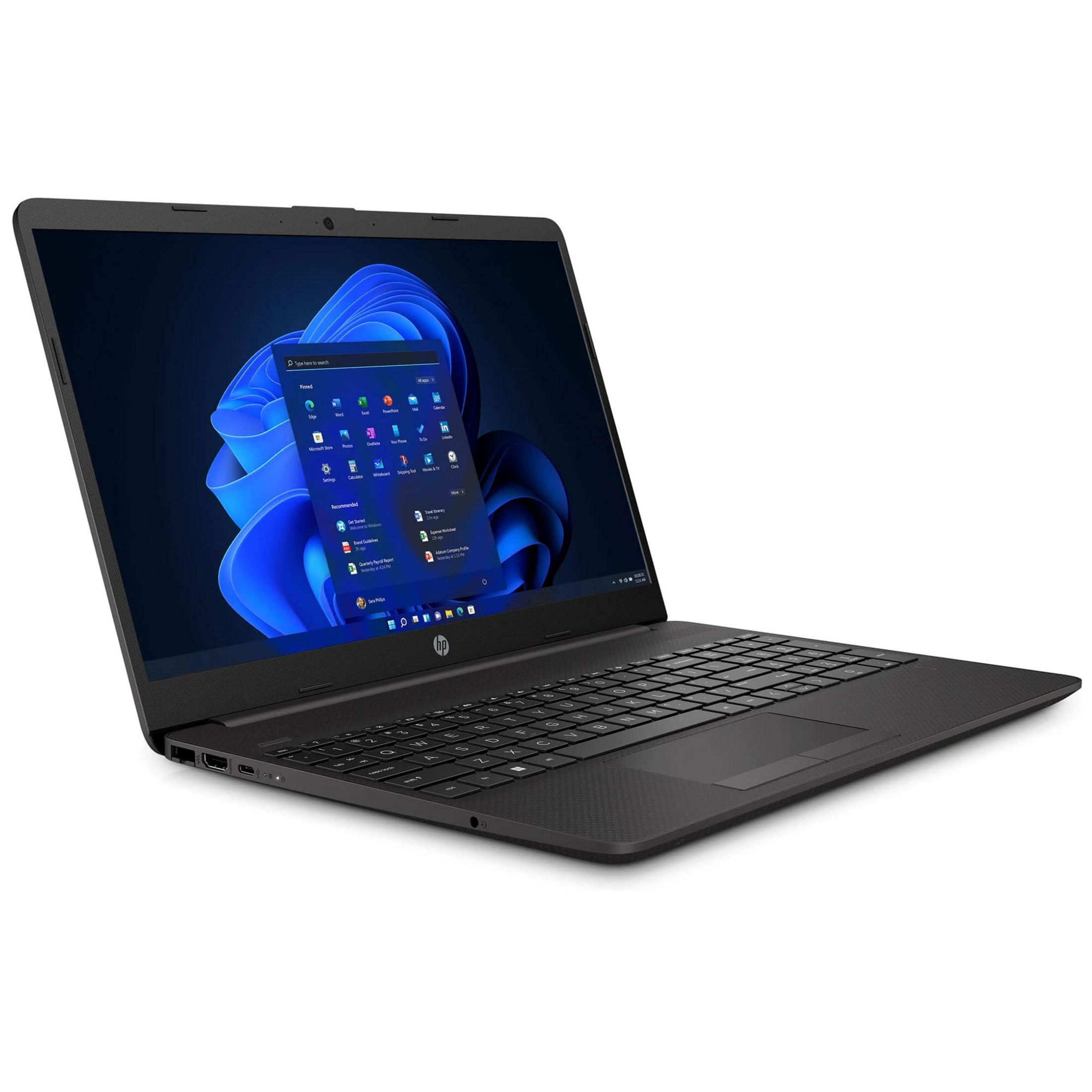Portátil HP negro con teclado iluminado y menú de inicio de Windows 11.