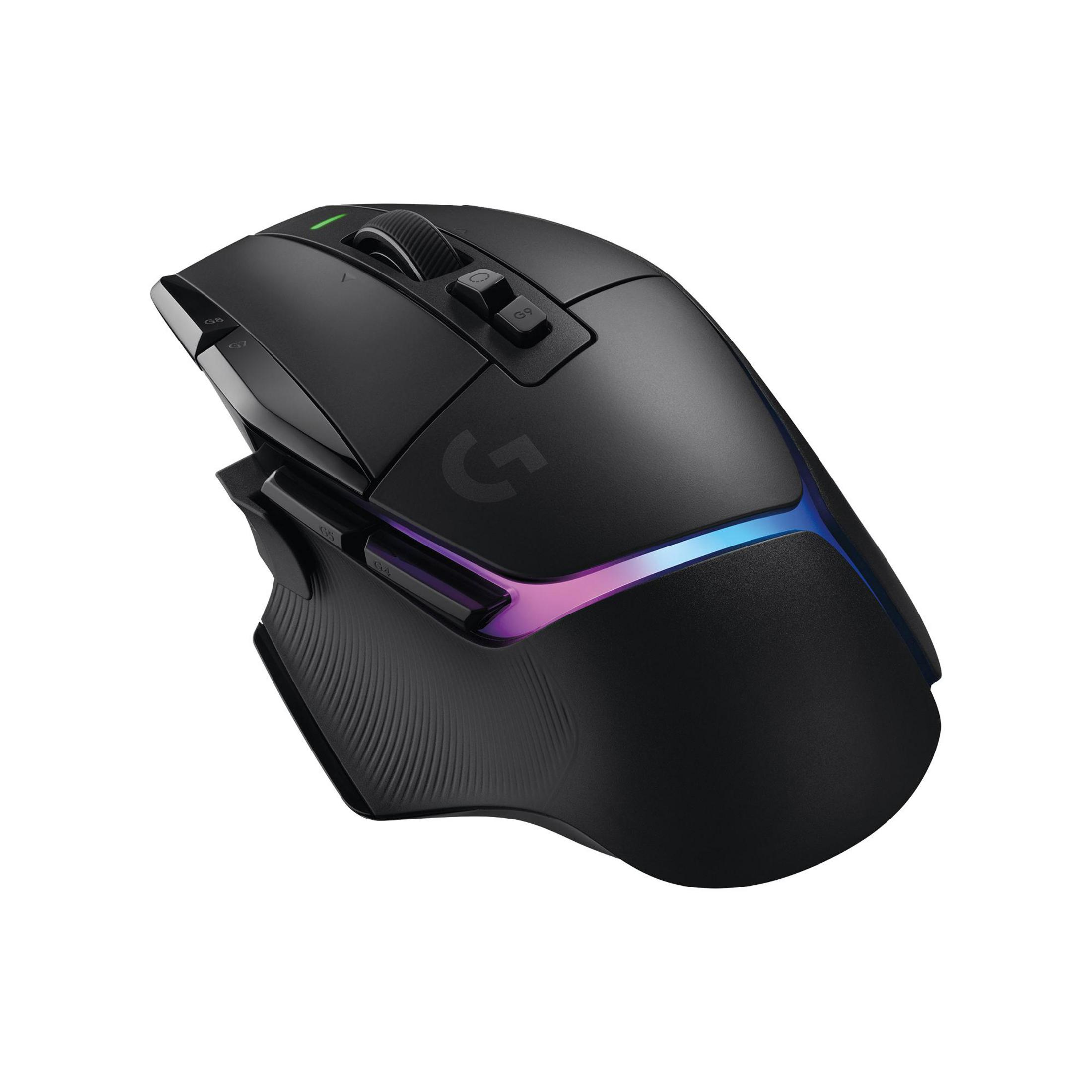 Mouse da gaming nero con illuminazione RGB e rotellina.