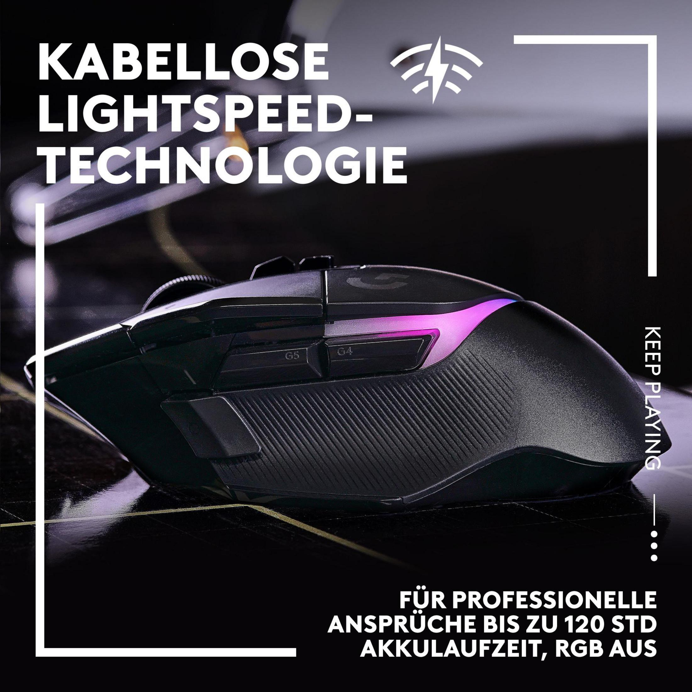 Mouse gaming nero con pulsanti illuminati e testo.
