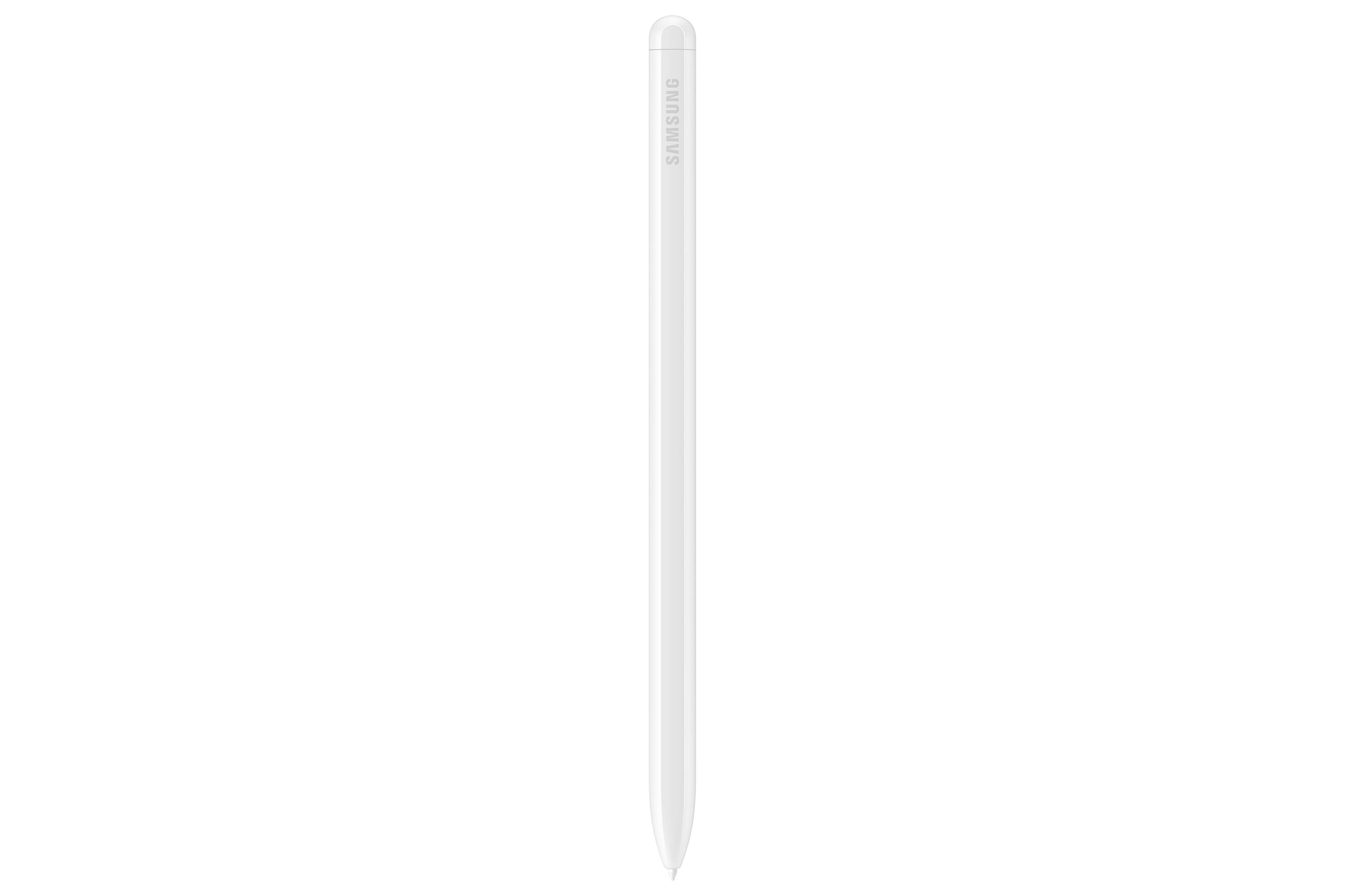 Uno stilo Samsung bianco con scritta argentata, su sfondo bianco.