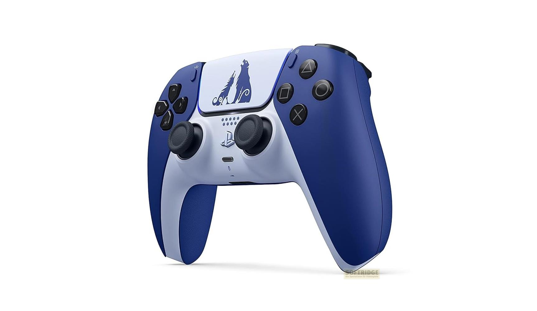 Ein blauer und weißer Controller mit Wolf-Symbolen.