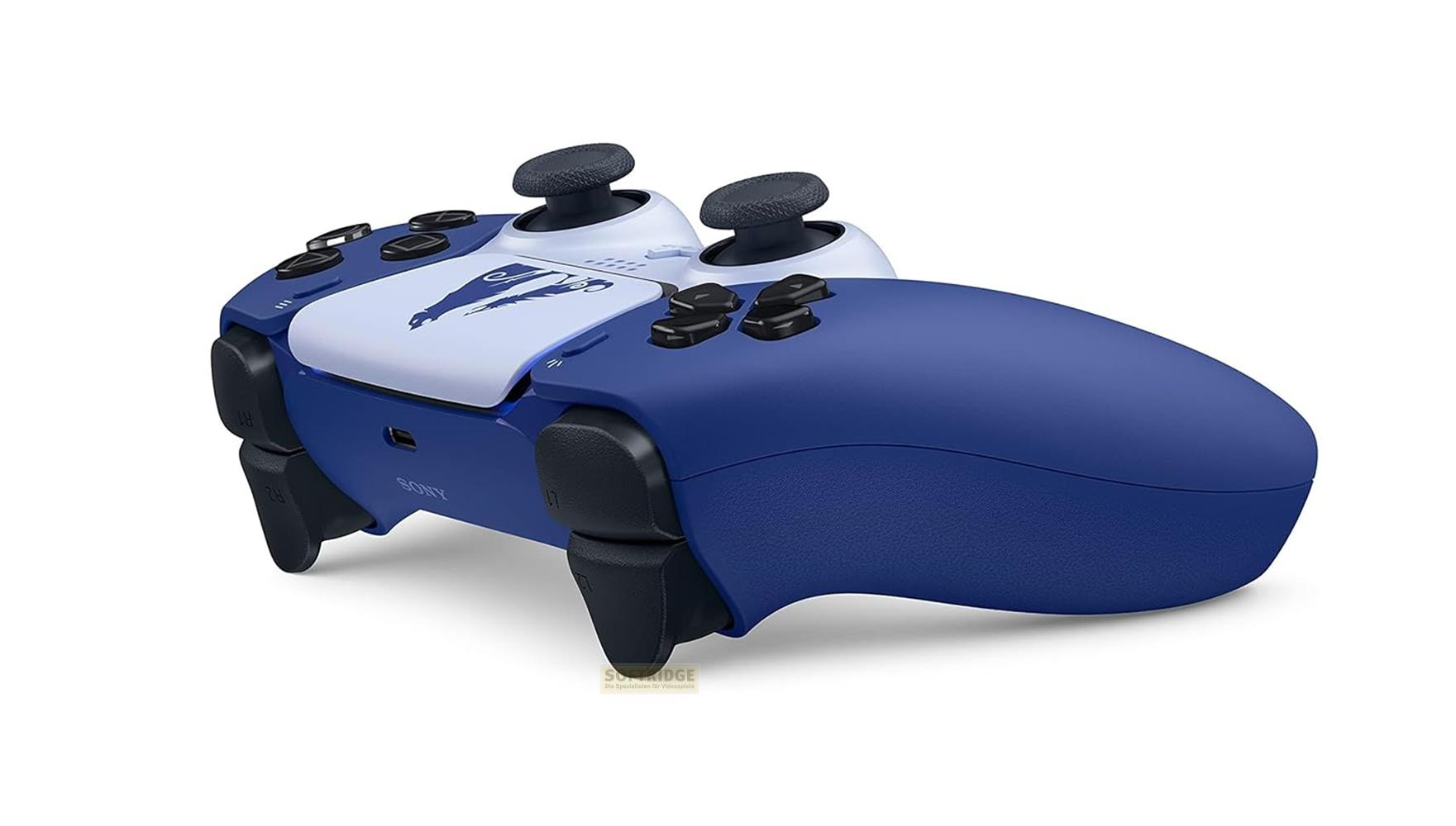 Blau-weißer Sony Controller mit schwarzen Knöpfen und Joysticks.