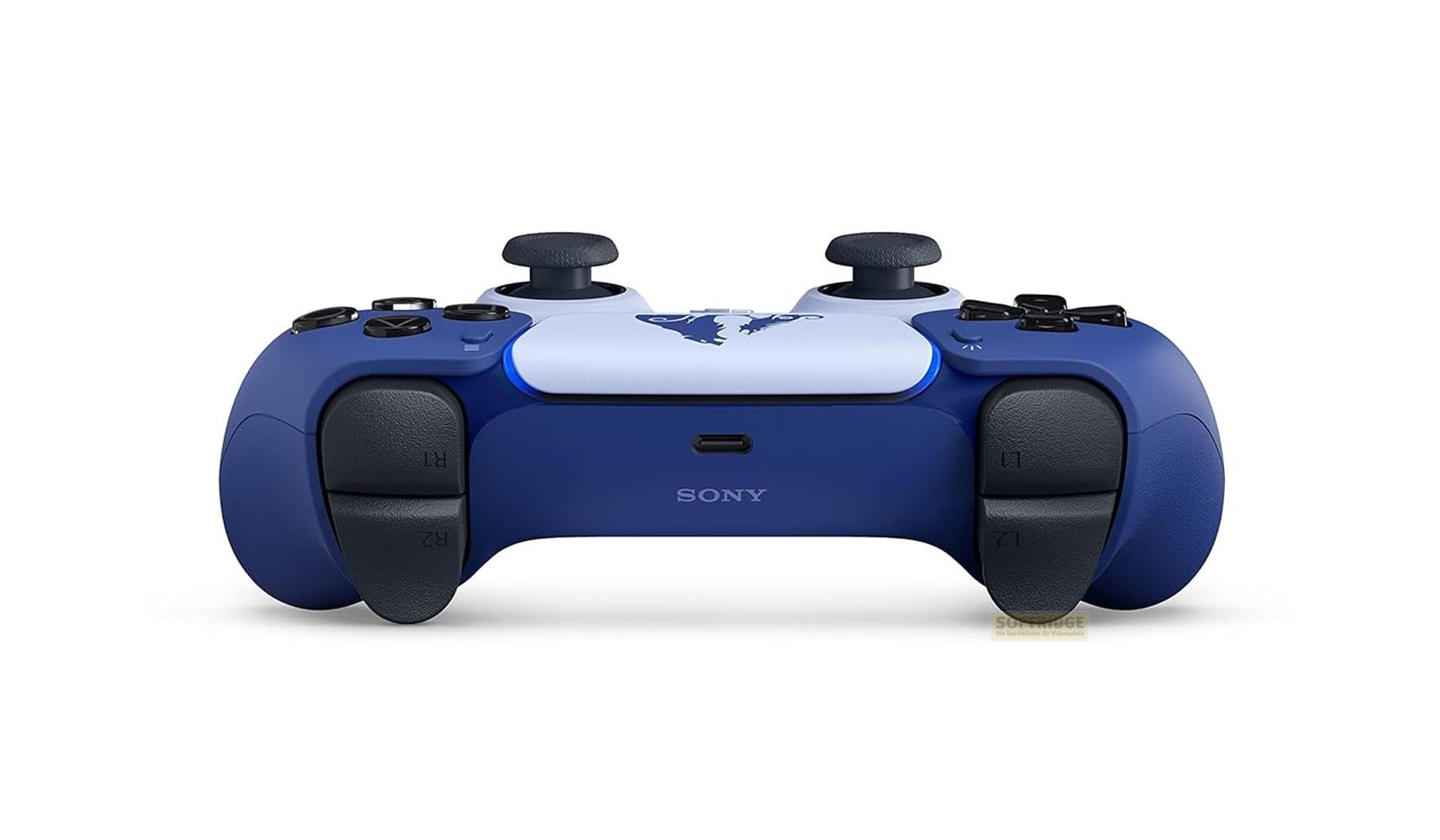 Ein blauer Sony PlayStation Controller mit weißen Akzenten und einem Wolf-Symbol.