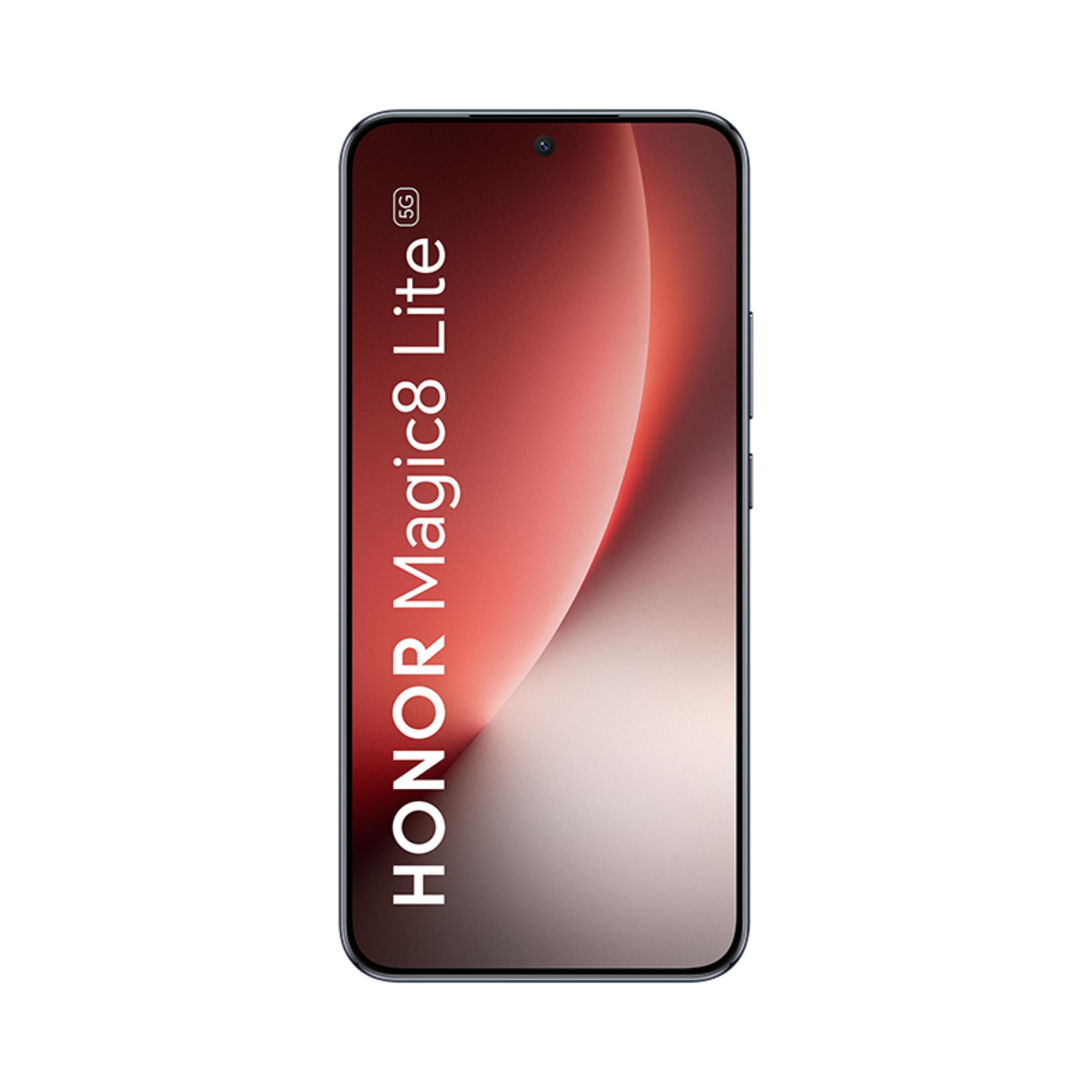 Uno smartphone HONOR Magic8 Lite 5G con sfondo rosso e bianco.