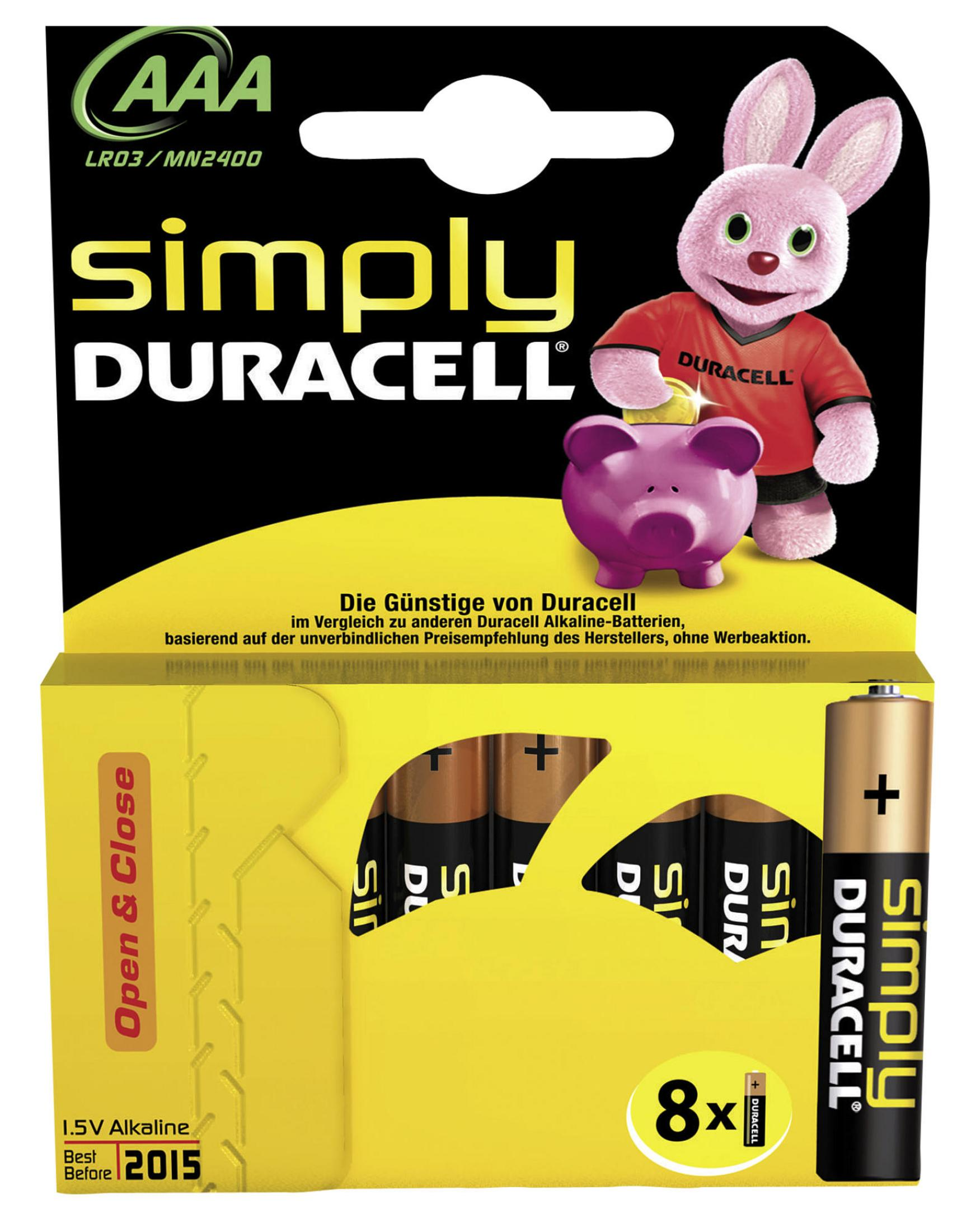 Duracell AAA Batterien mit rosa Hase und Sparschwein. 8x Alkaline.