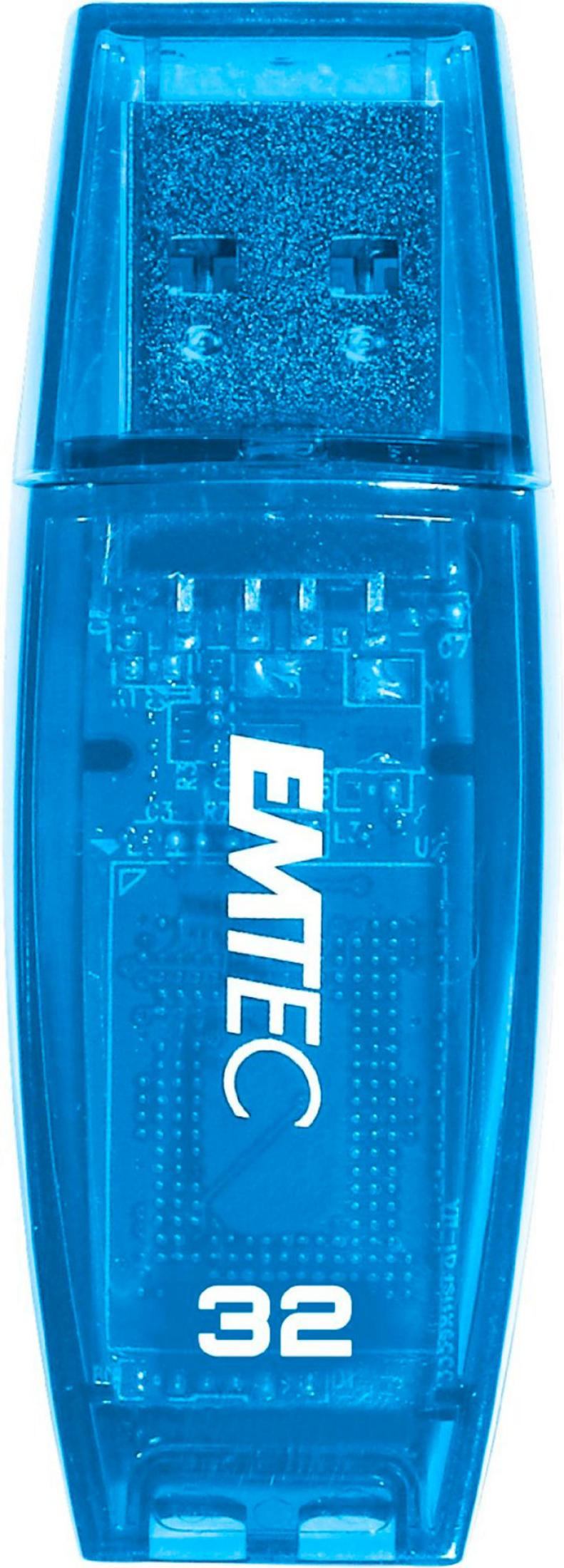 Una chiavetta USB EMTEC blu da 32 GB con circuito interno visibile.