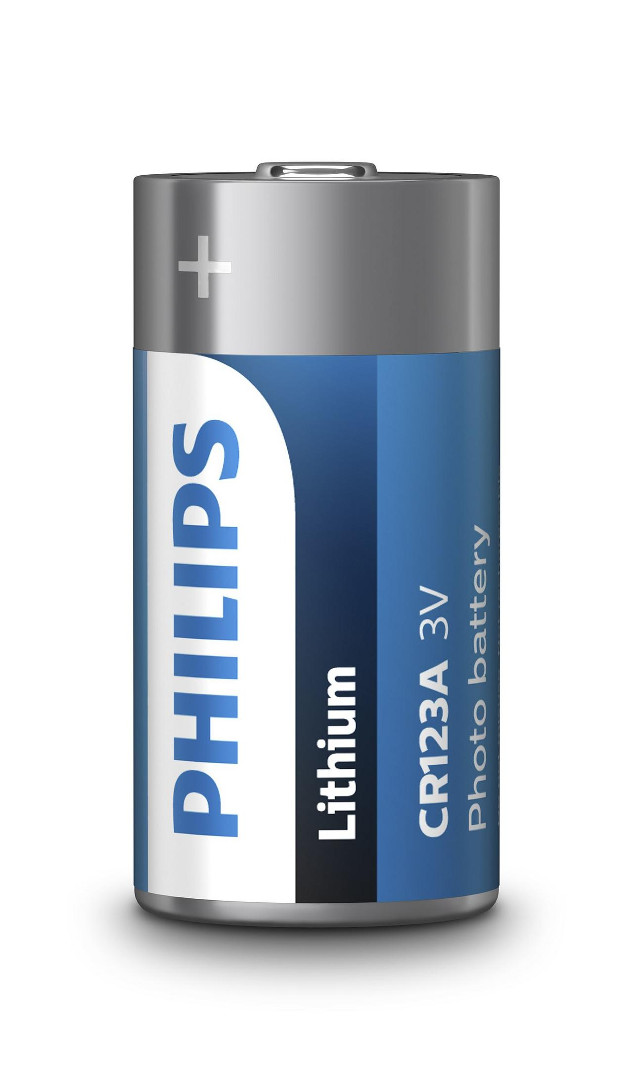 Una singola batteria al litio Philips CR123A 3V con segno più.