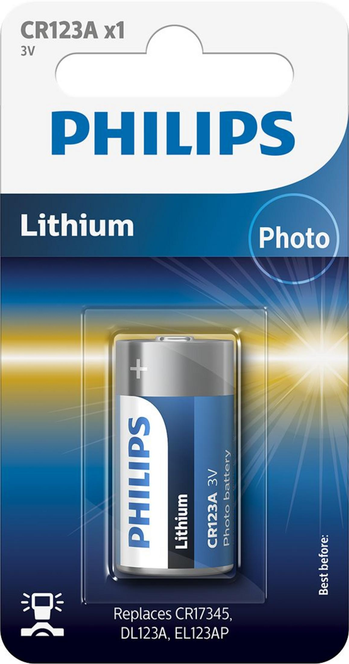 Confezione di una batteria al litio Philips CR123A 3V con etichettatura.