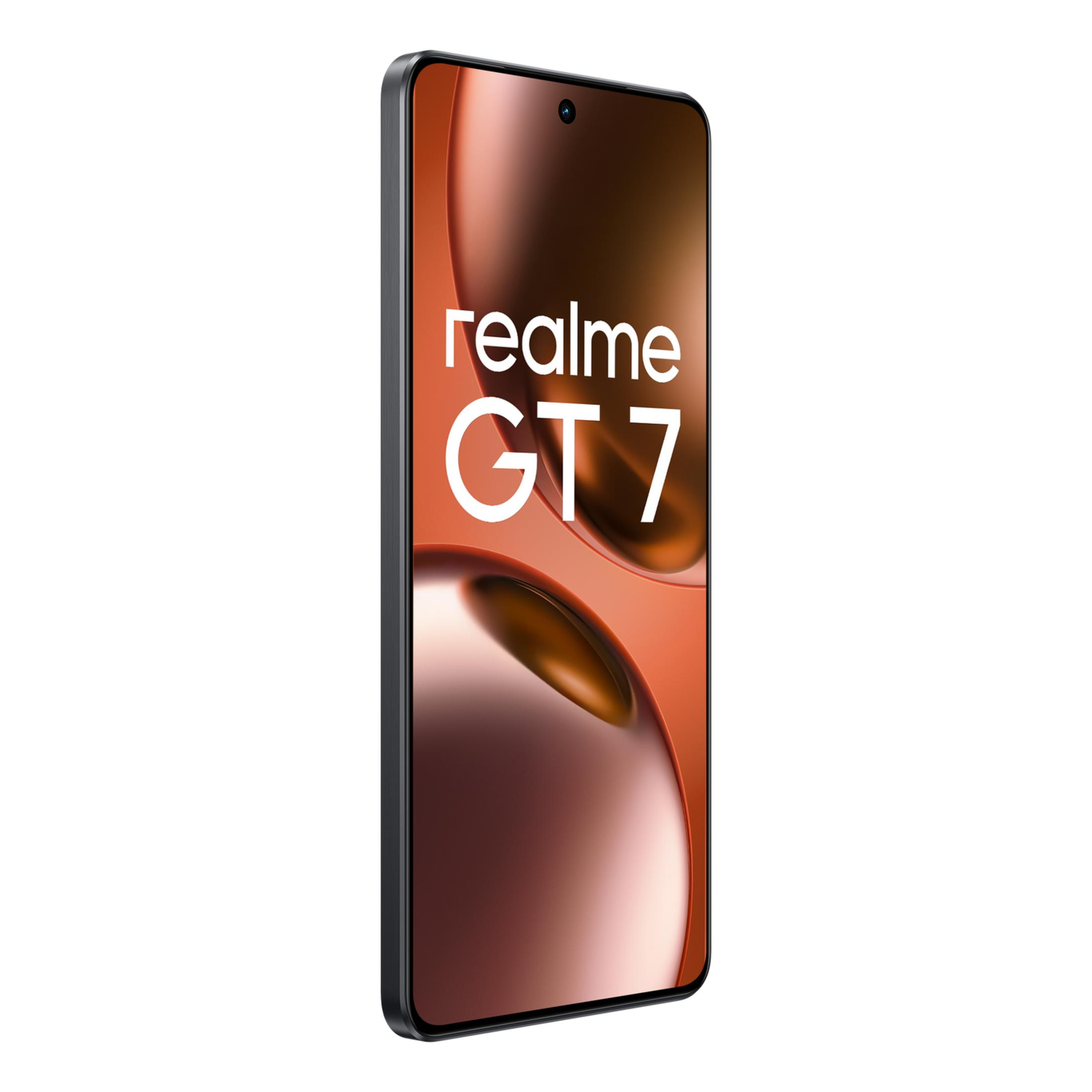 Un smartphone negro con el texto 'realme GT 7' en su pantalla.
