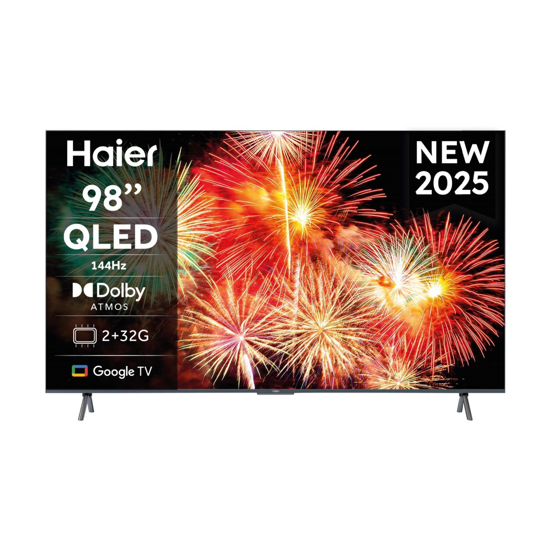 TV Haier QLED de 98" con fuegos artificiales y Google TV.